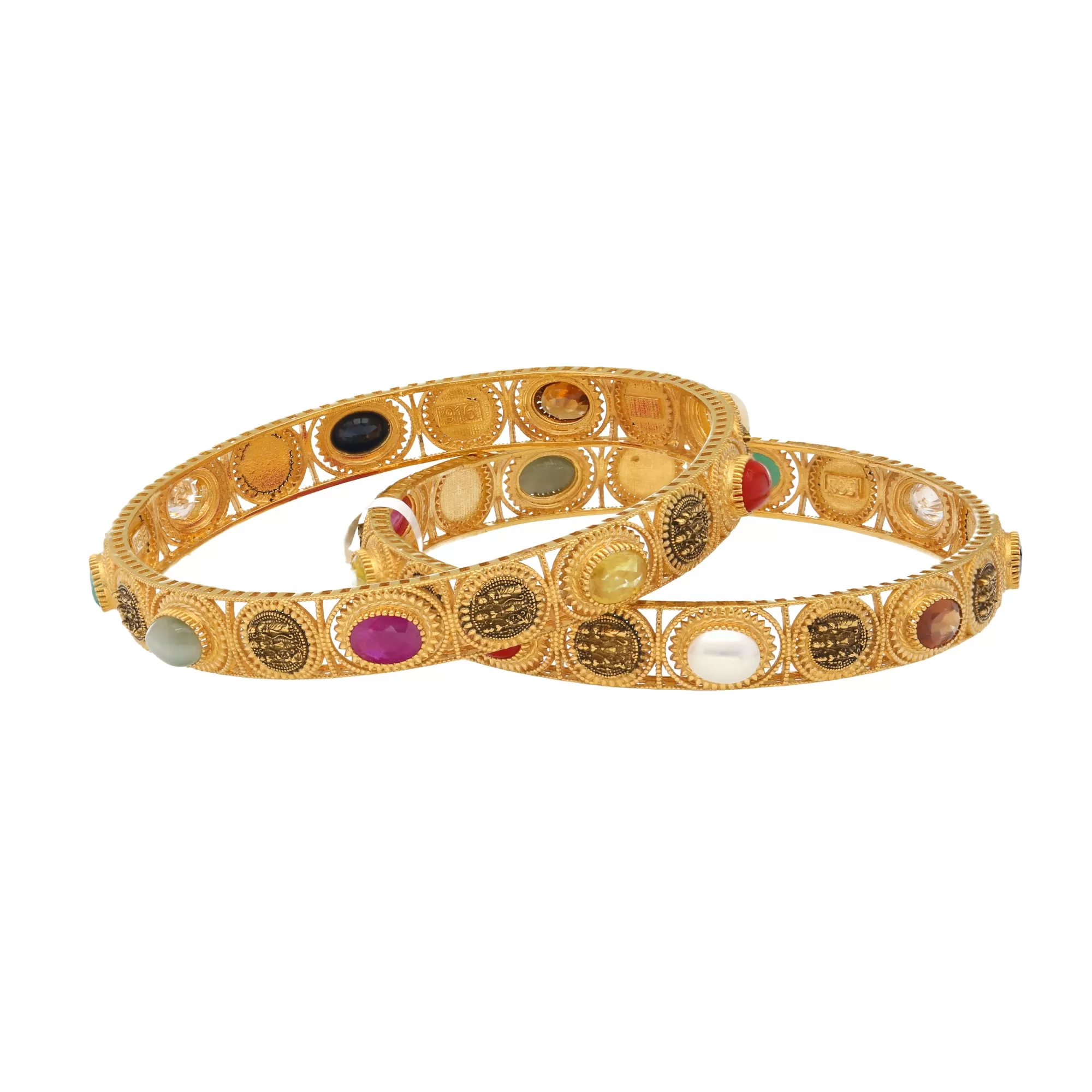 22K Yellow Gold Temple Bangle Set of 2 w/ Kundana & Gems (48.2gm)