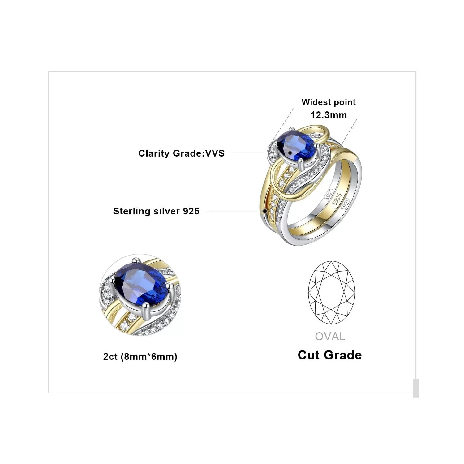 2Pcs Elegante Silver Gold Luxury Sapphire Ring - 925 Sterling Silver