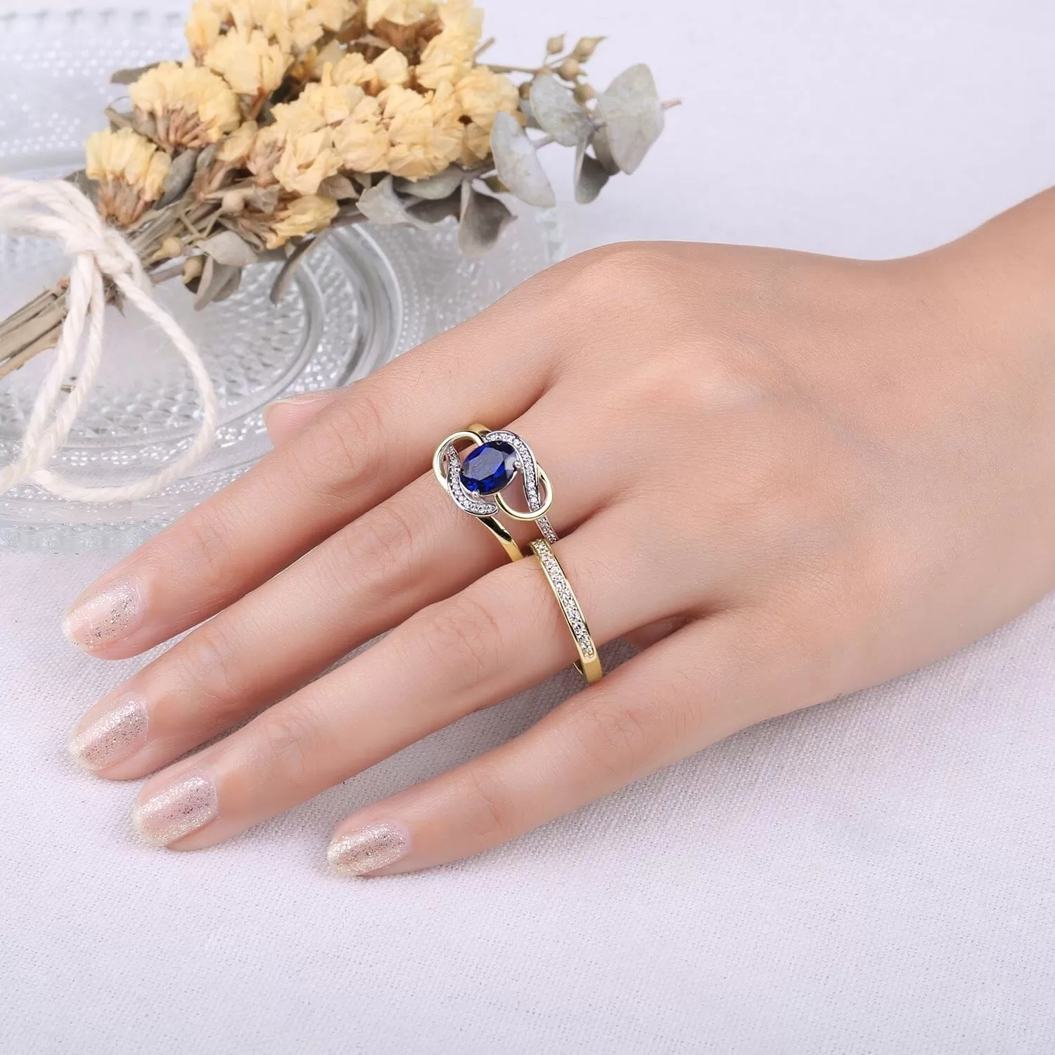 2Pcs Elegante Silver Gold Luxury Sapphire Ring - 925 Sterling Silver