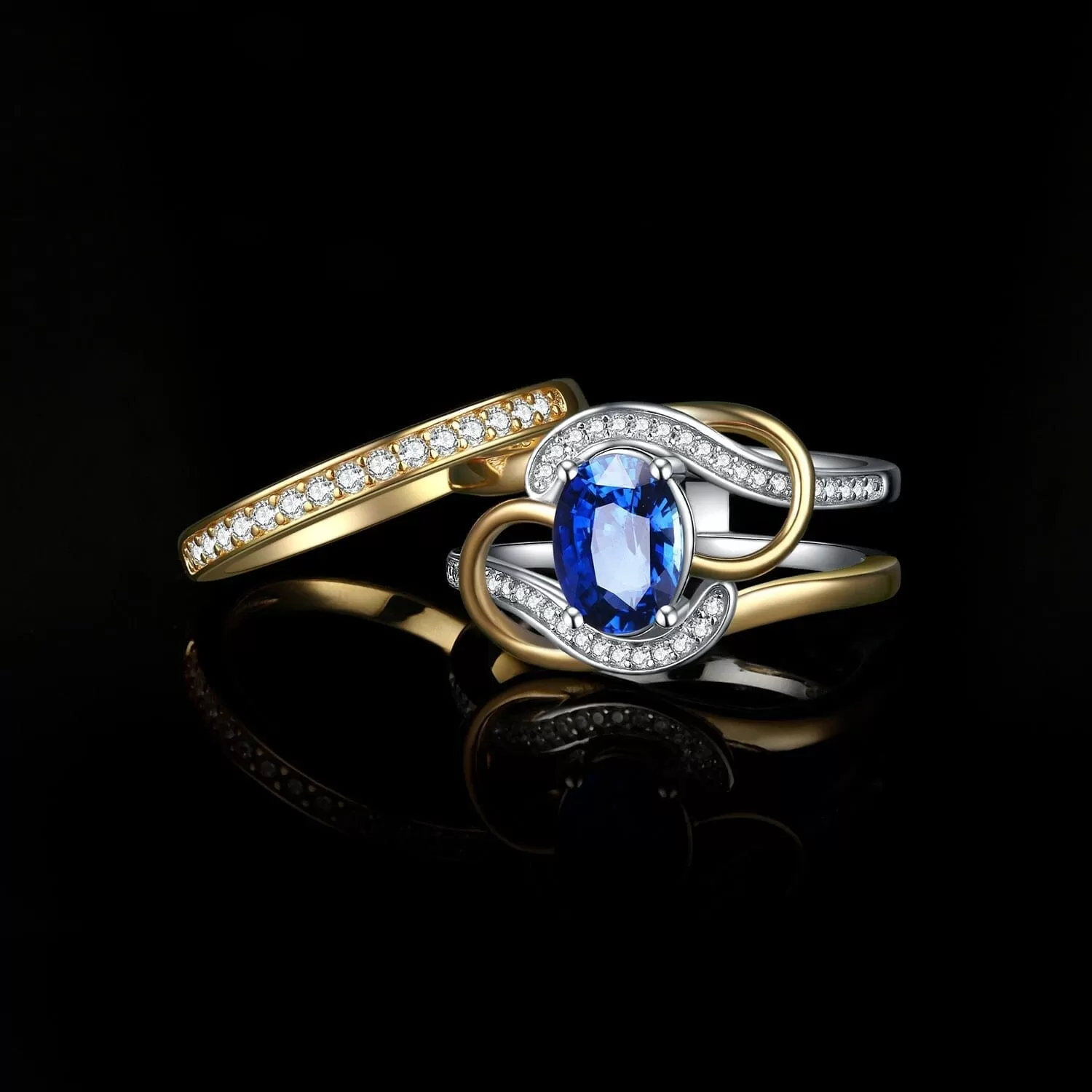 2Pcs Elegante Silver Gold Luxury Sapphire Ring - 925 Sterling Silver