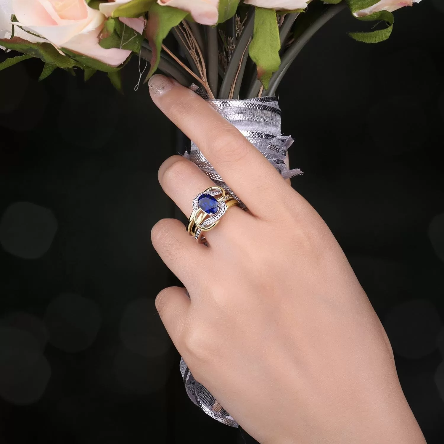 2Pcs Elegante Silver Gold Luxury Sapphire Ring - 925 Sterling Silver