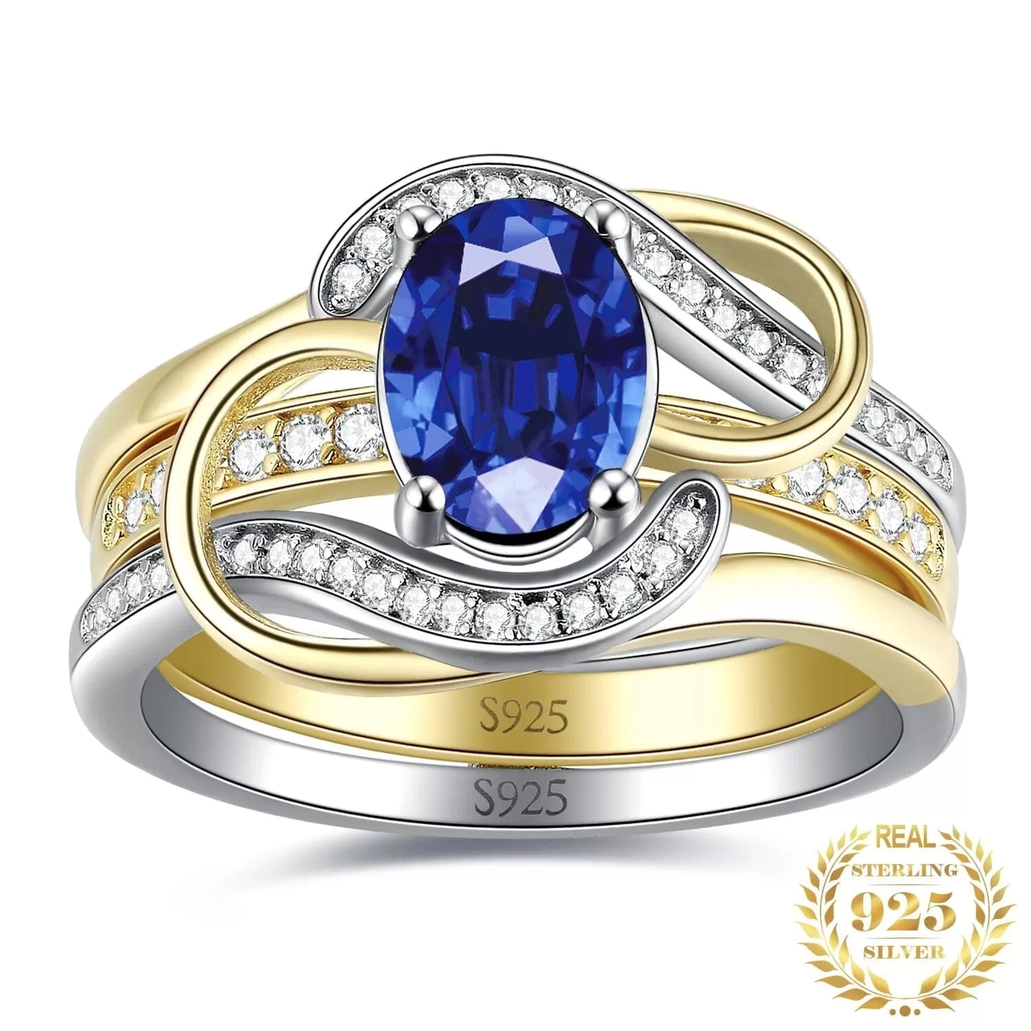 2Pcs Elegante Silver Gold Luxury Sapphire Ring - 925 Sterling Silver