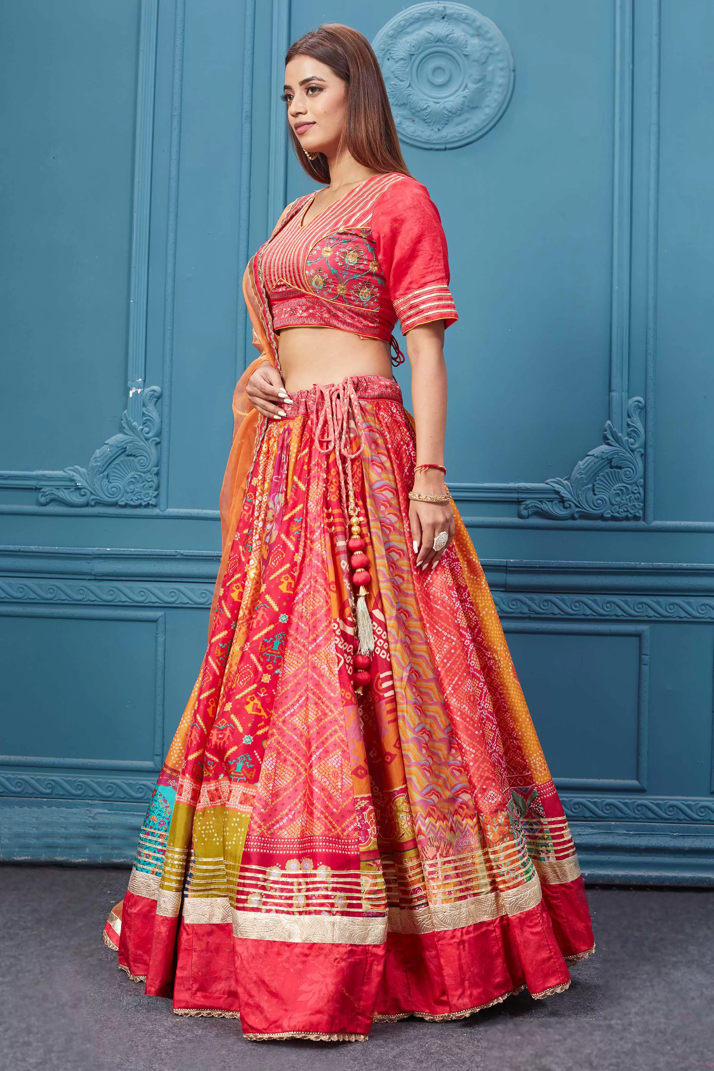 310034 Red Bandhej Printed Lehenga with Gotta Pati Work