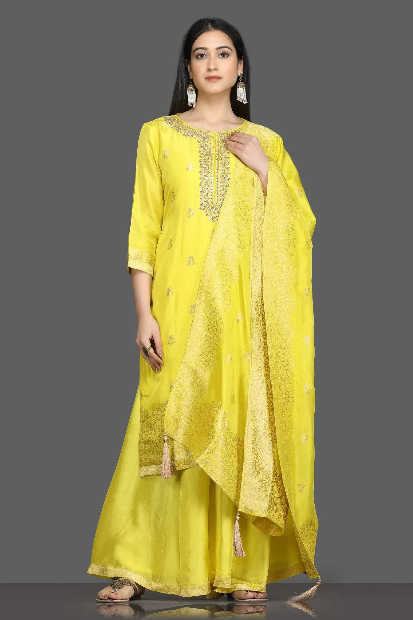 502614 Bright Yellow Embroidered Palazzo Suit with Dupatta