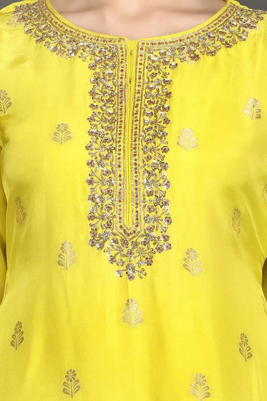 502614 Bright Yellow Embroidered Palazzo Suit with Dupatta