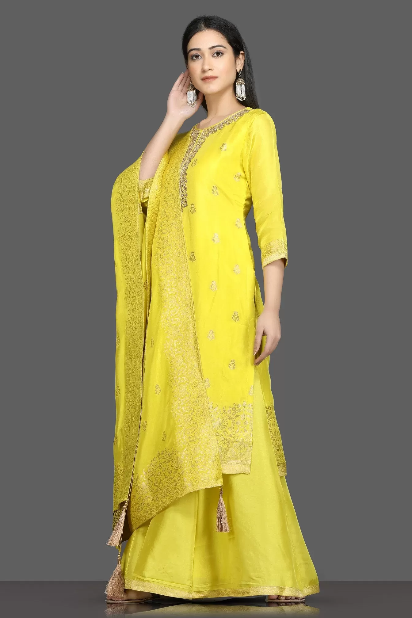 502614 Bright Yellow Embroidered Palazzo Suit with Dupatta