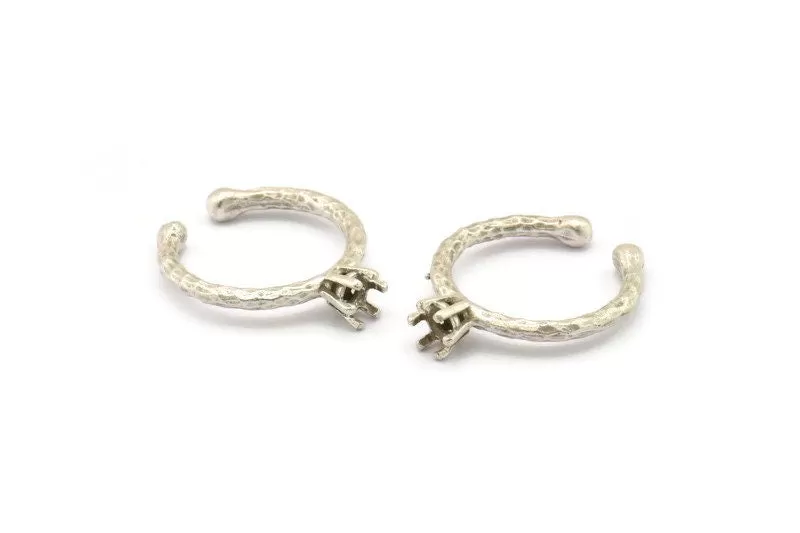 Adjustable Ring Settings, 2 Antique Silver Plated Brass 6 Claw Ring Blanks - Pad Size 4mm N0315