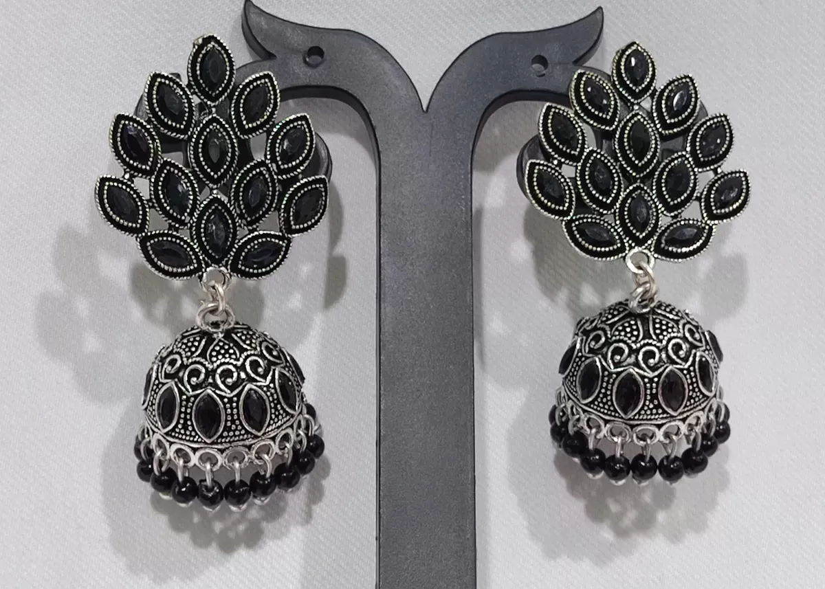 Alluring Oxidized Leaf Designs Silver Stunning Black Beads Jhumka Earrings