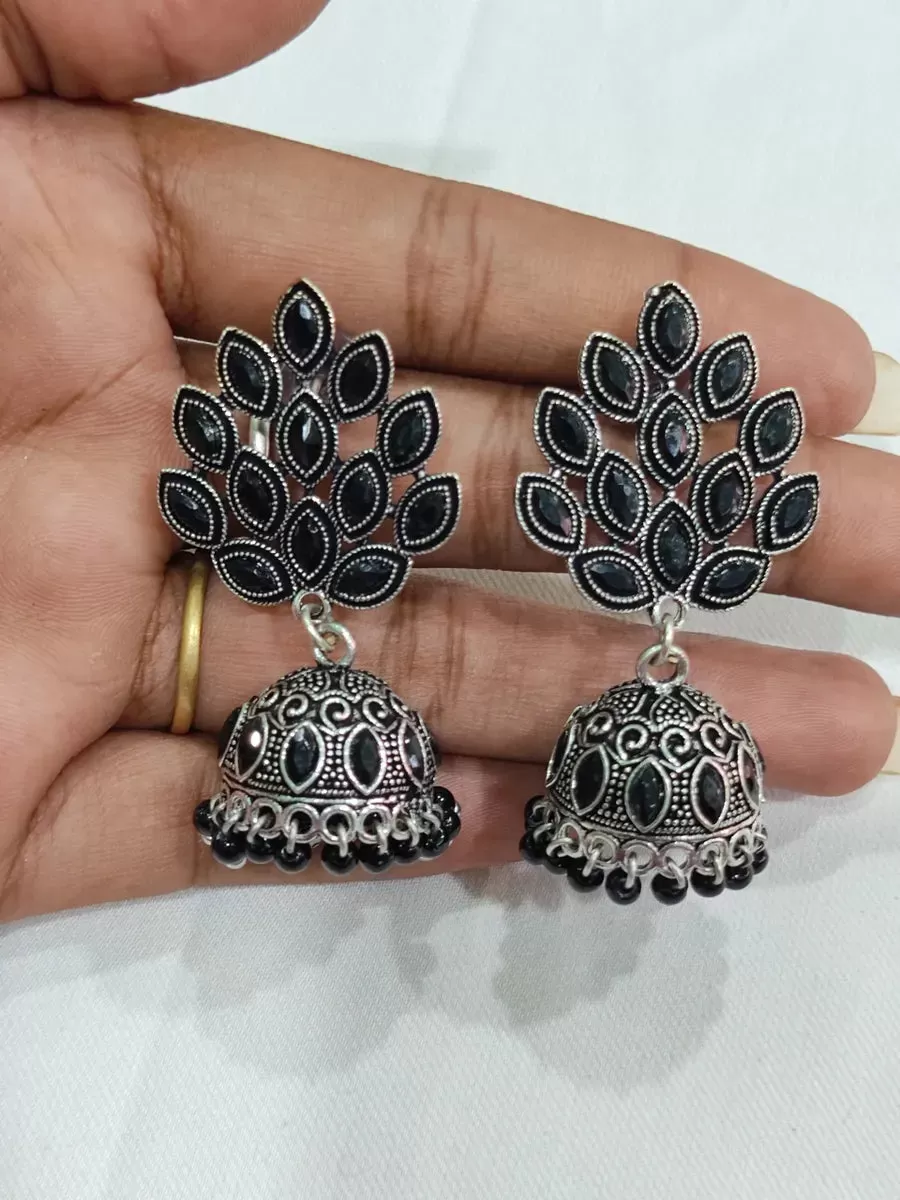 Alluring Oxidized Leaf Designs Silver Stunning Black Beads Jhumka Earrings