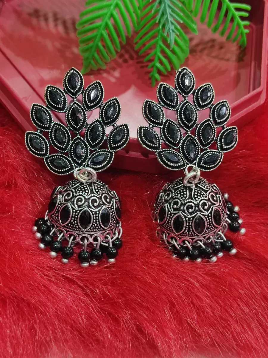 Alluring Oxidized Leaf Designs Silver Stunning Black Beads Jhumka Earrings