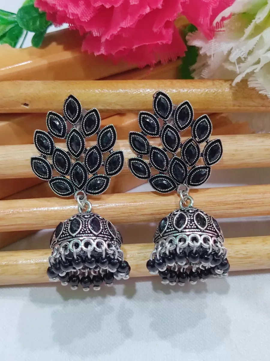 Alluring Oxidized Leaf Designs Silver Stunning Black Beads Jhumka Earrings