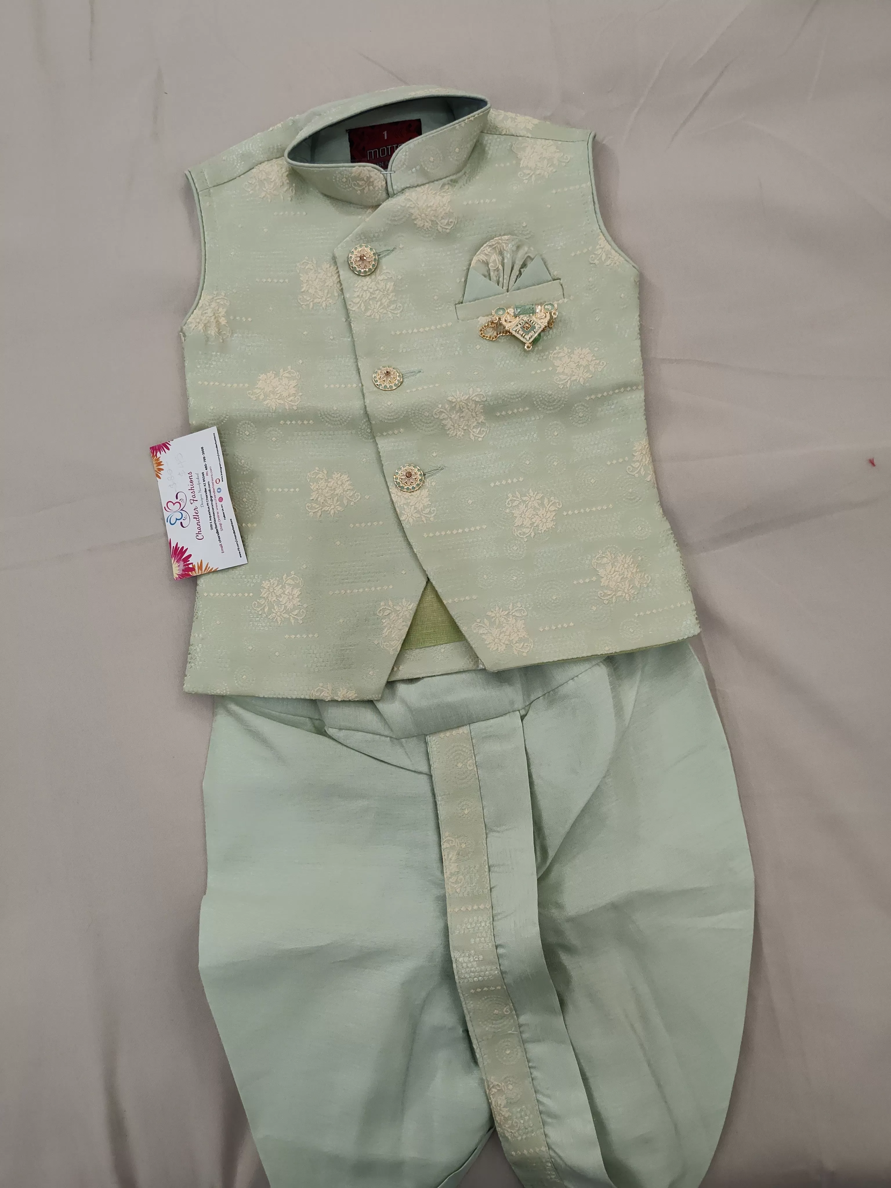 Appealing Light Green Color Kids Dhoti Style Pant With Brooch Pin