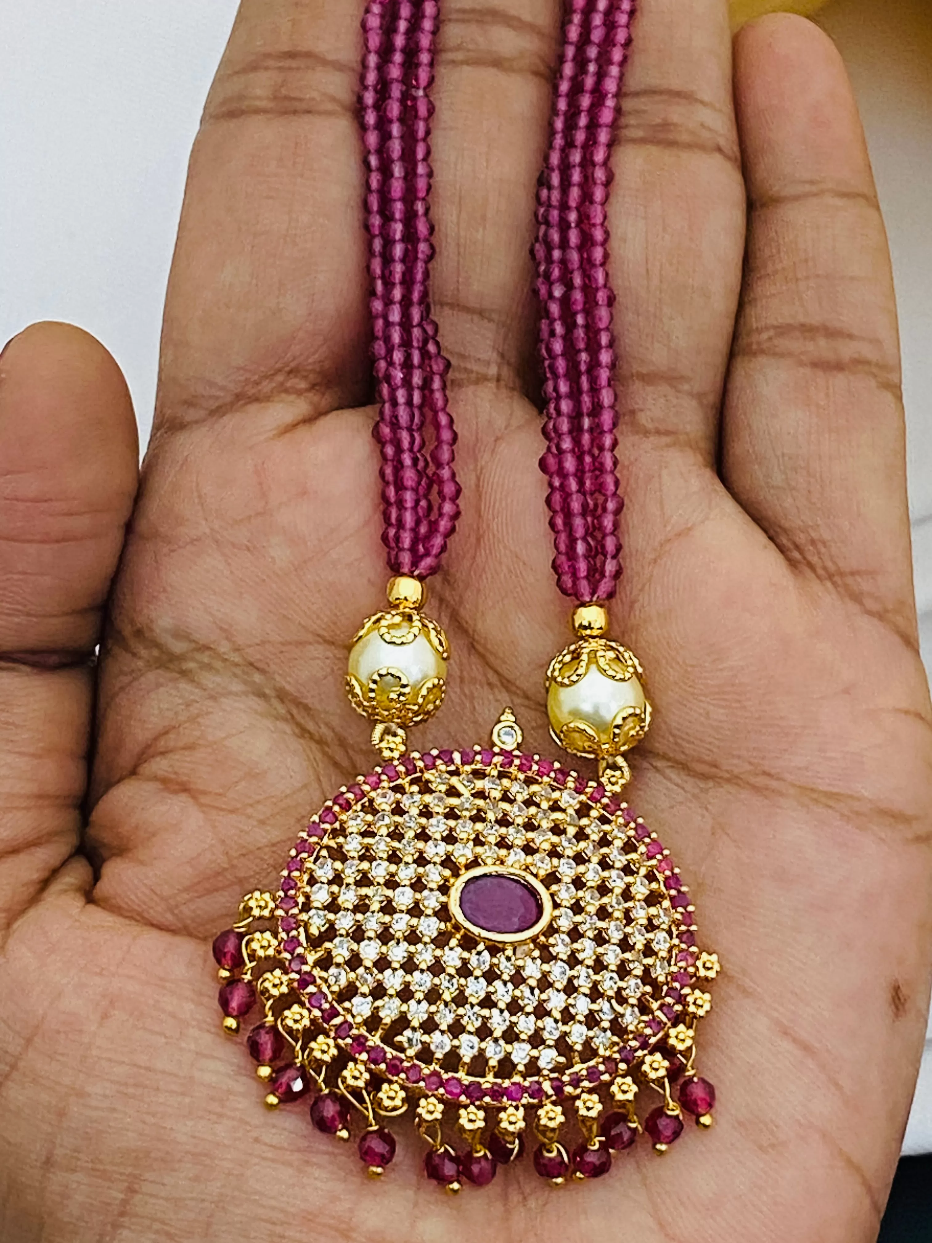 Beautiful Ruby Stoned Designer Necklace With Pearl Beaded Pendant