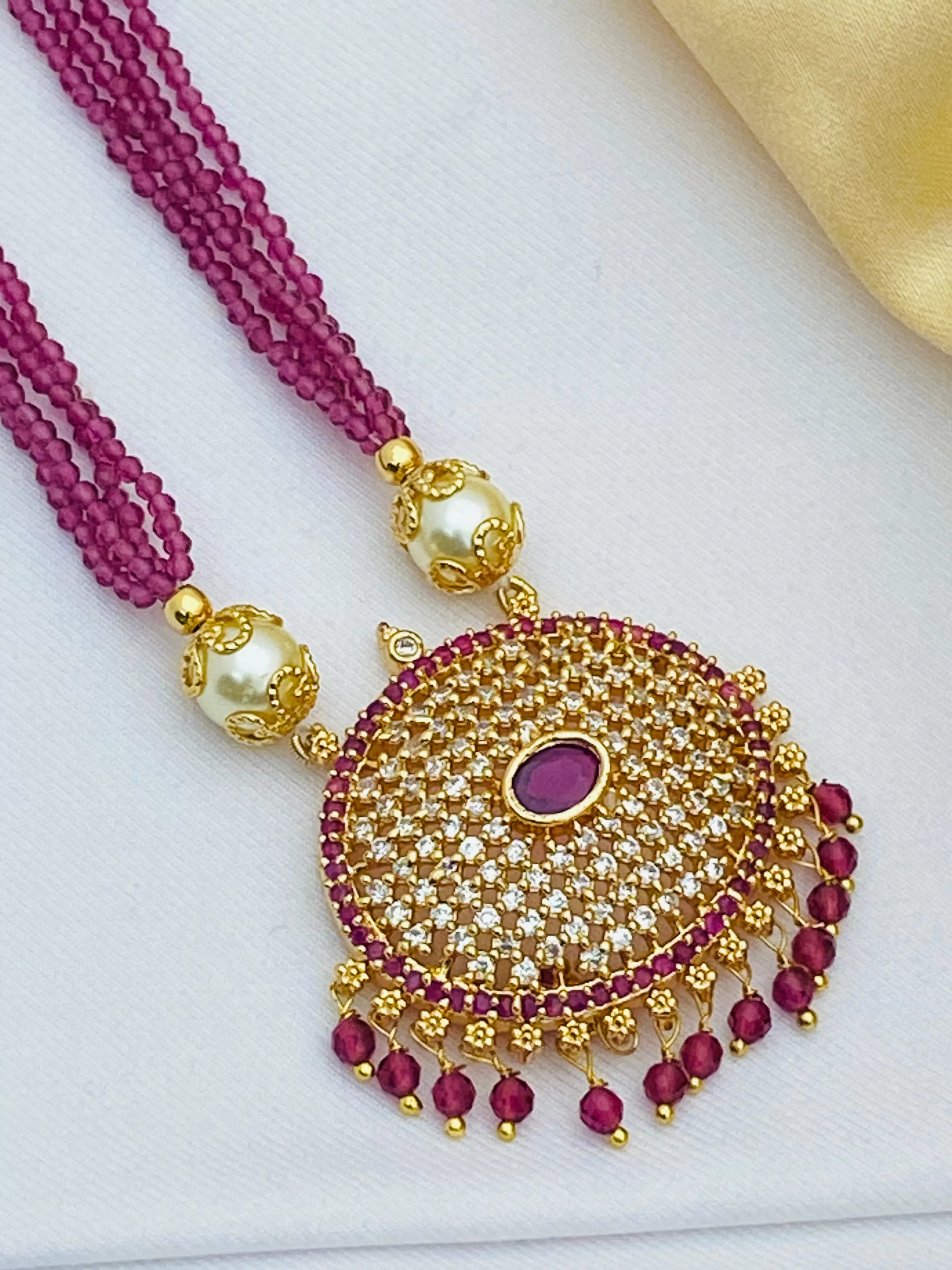 Beautiful Ruby Stoned Designer Necklace With Pearl Beaded Pendant