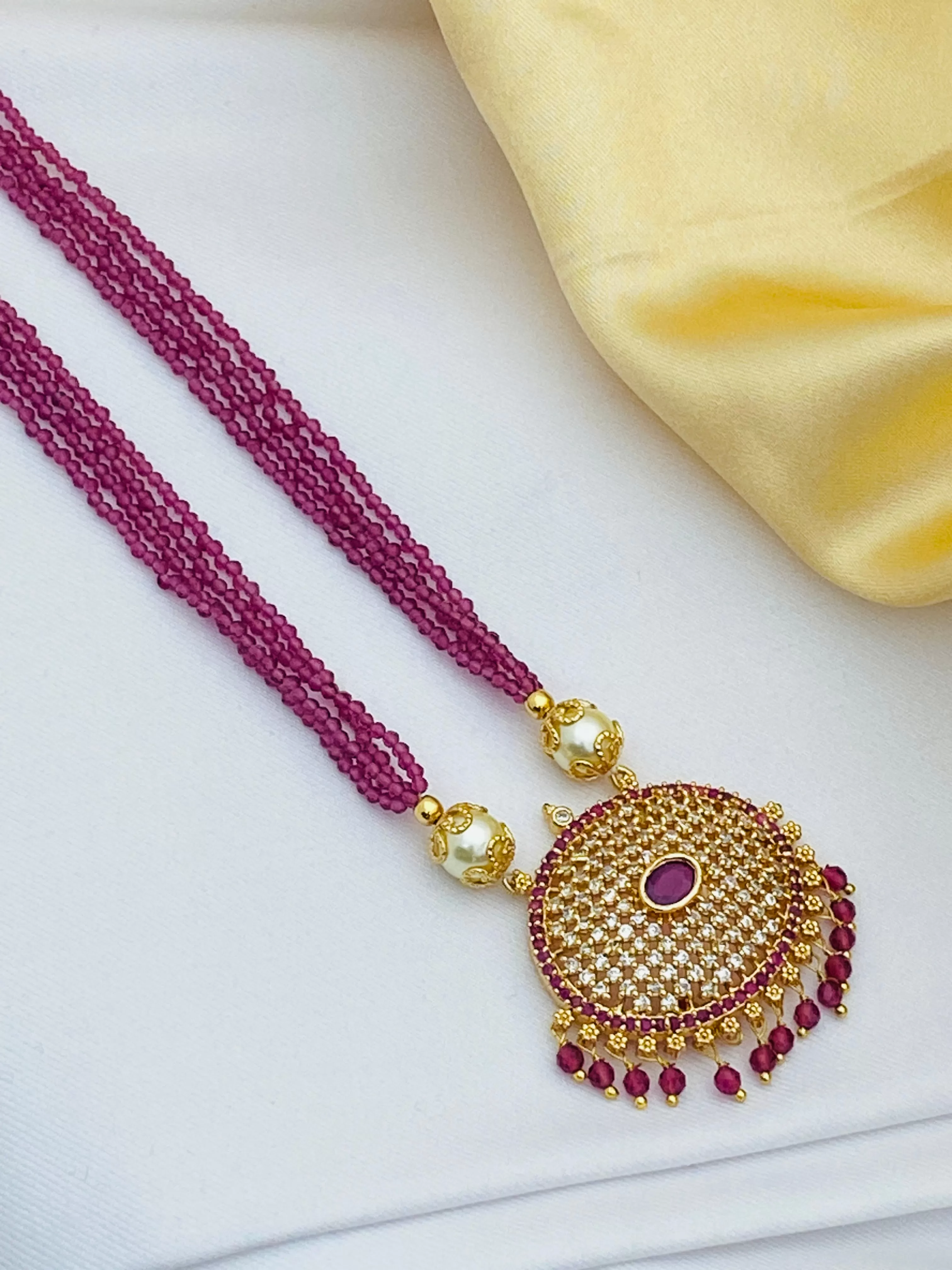 Beautiful Ruby Stoned Designer Necklace With Pearl Beaded Pendant