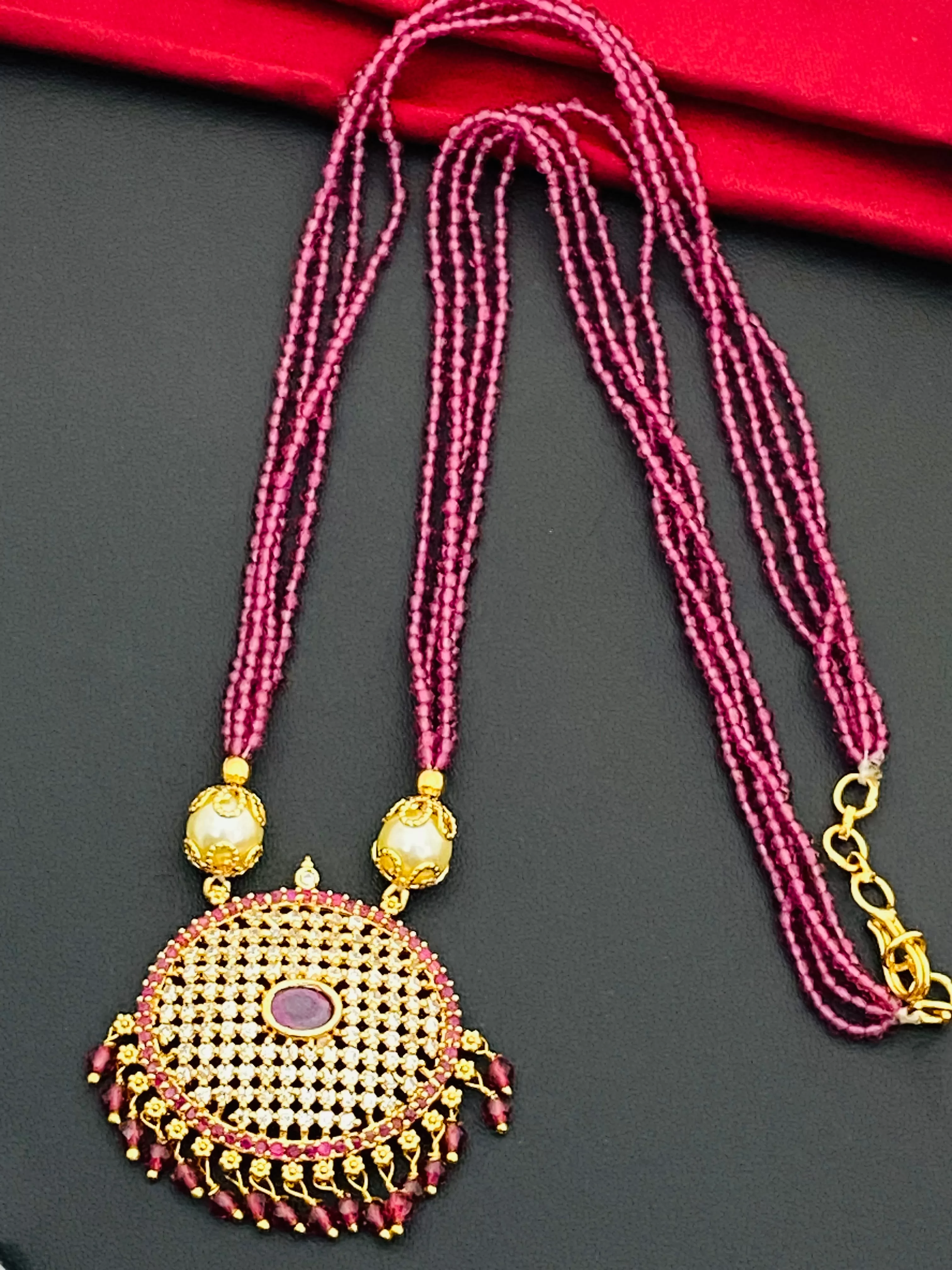 Beautiful Ruby Stoned Designer Necklace With Pearl Beaded Pendant