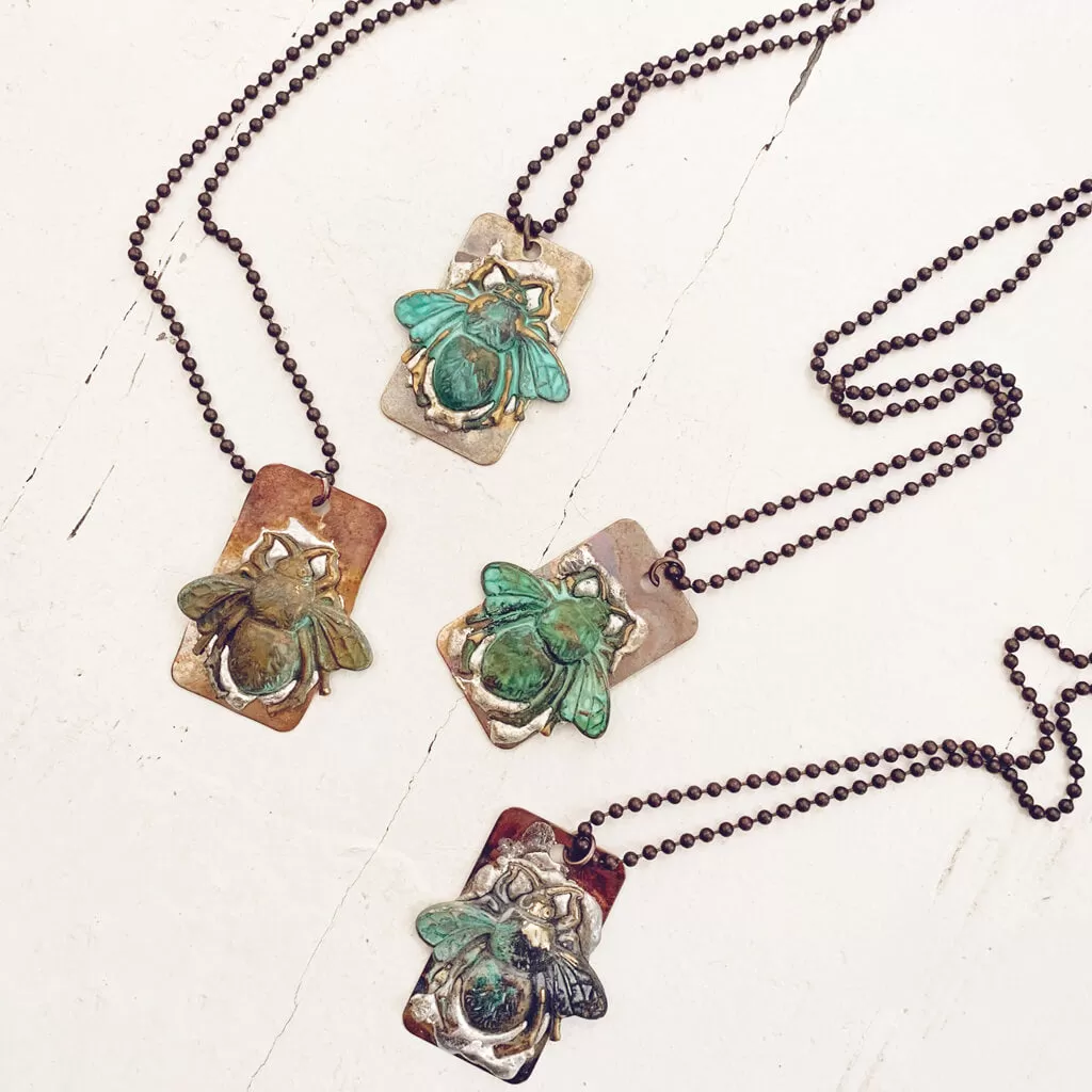 beeline // verdigris bee and soldered flame kissed copper dog tag pendant necklace