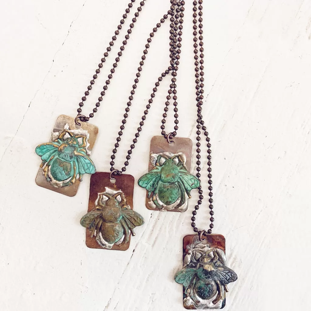 beeline // verdigris bee and soldered flame kissed copper dog tag pendant necklace