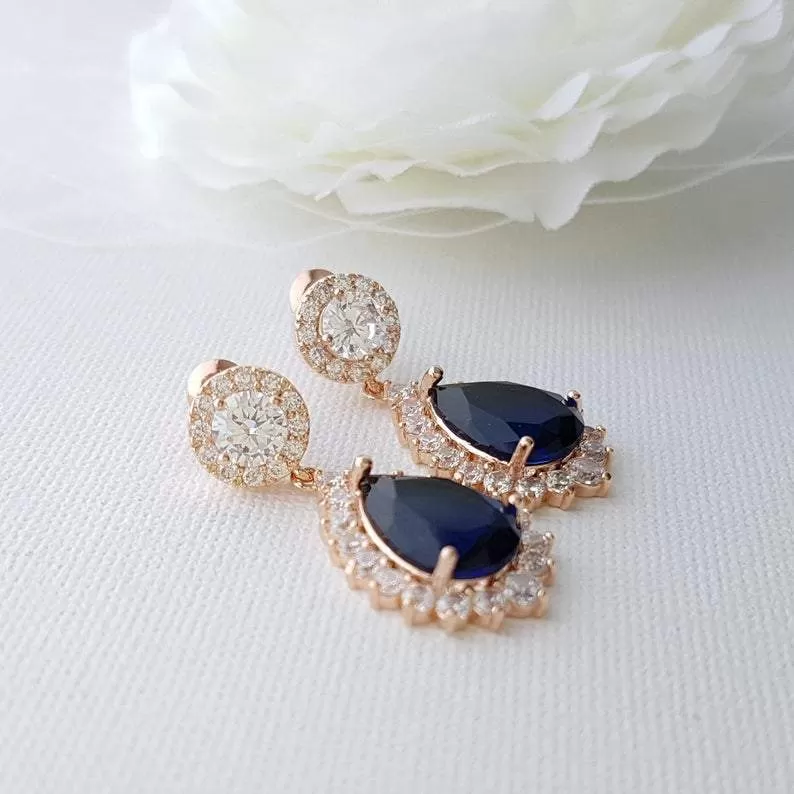 Blue and Gold Teardrop Clip On Earrings for Brides-Aoi