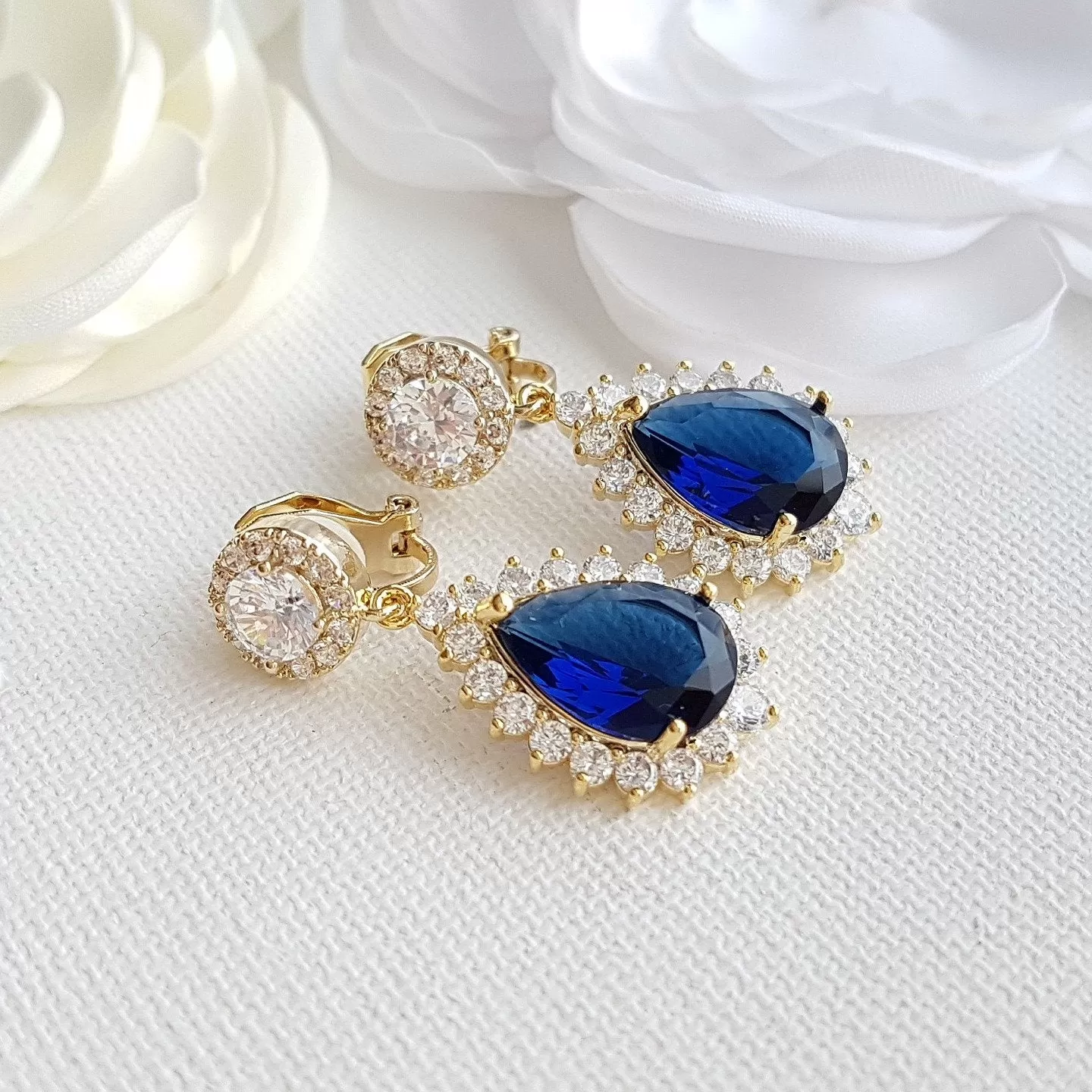 Blue and Gold Teardrop Clip On Earrings for Brides-Aoi