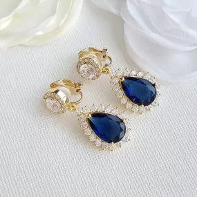 Blue and Gold Teardrop Clip On Earrings for Brides-Aoi