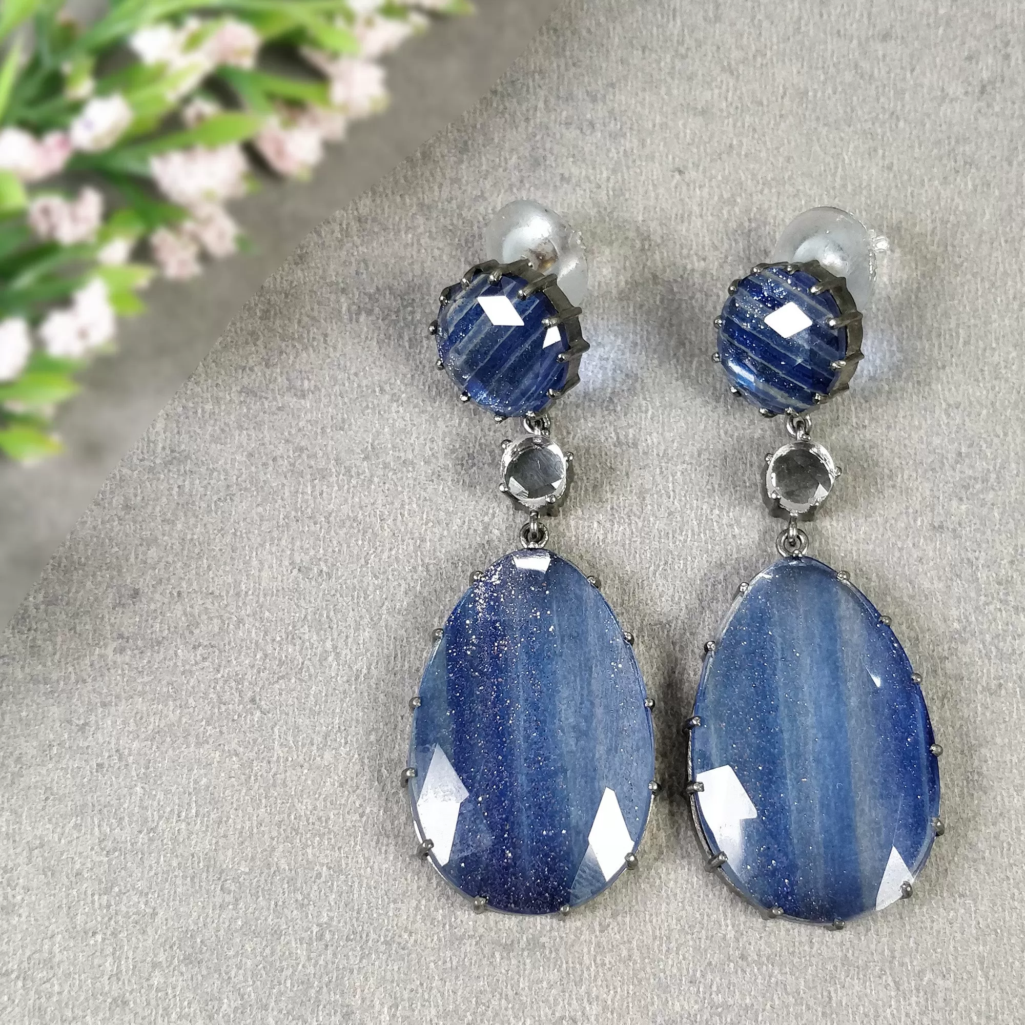 Blue Rhinestone Gemstone Earring : 2.25" 925 Sterling Silver Pear Round Push Back Prong Set Victorian Fashion Statement Earring Gift For Her