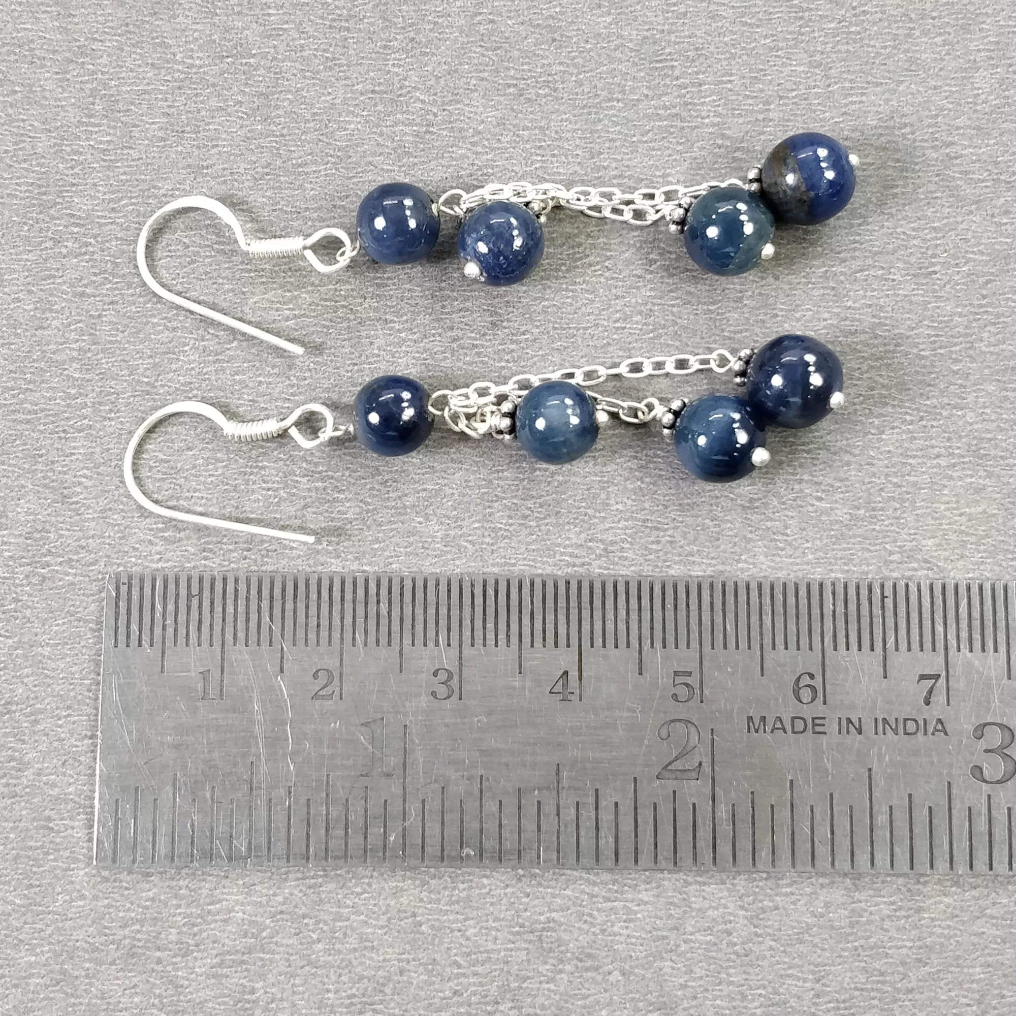 BLUE SAPPHIRE 925 Sterling Silver Earrings : 8.390gms Natural Triple Drop Dangle Round Beaded Hook Earrings 2.50" Gift For Her