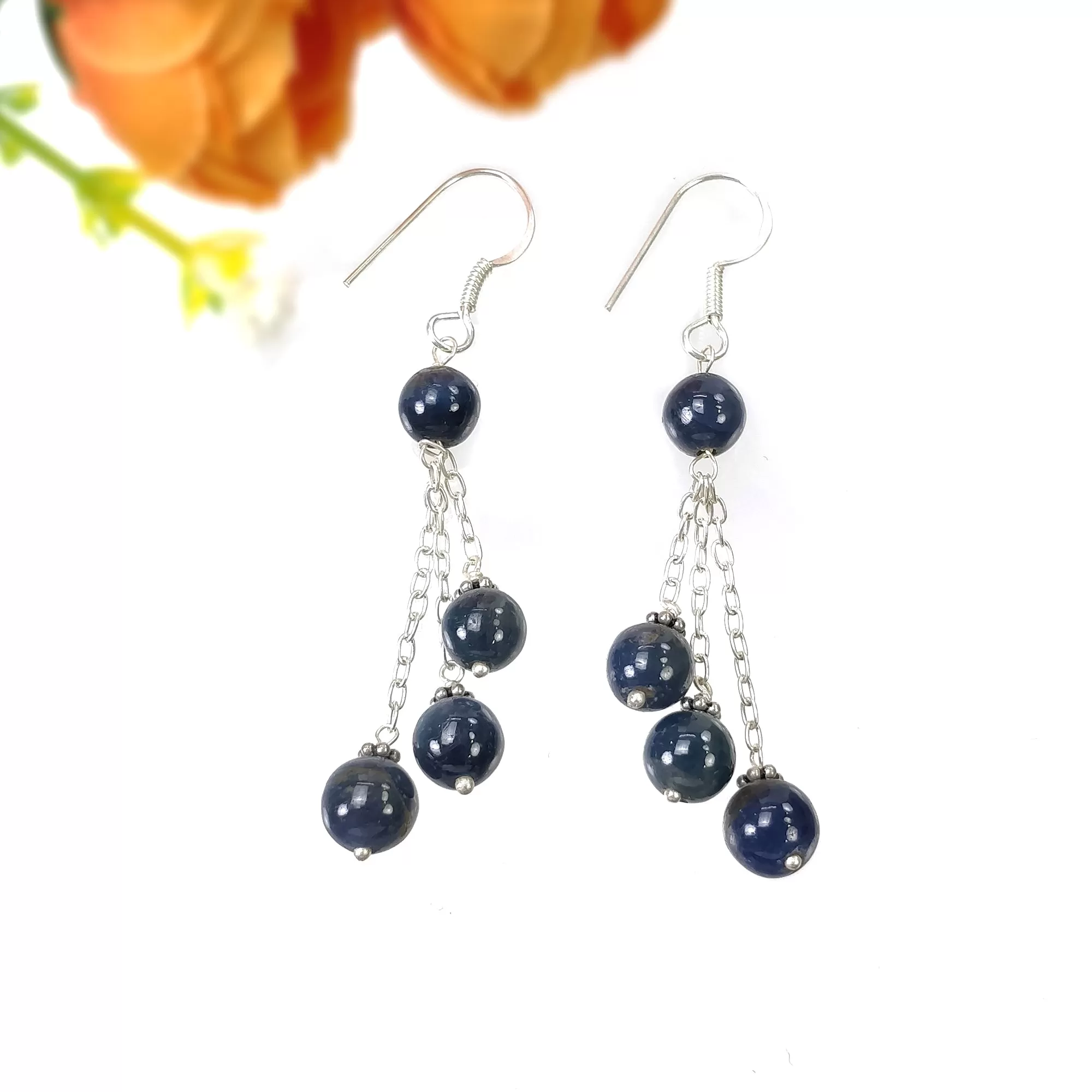 BLUE SAPPHIRE 925 Sterling Silver Earrings : 8.390gms Natural Triple Drop Dangle Round Beaded Hook Earrings 2.50" Gift For Her