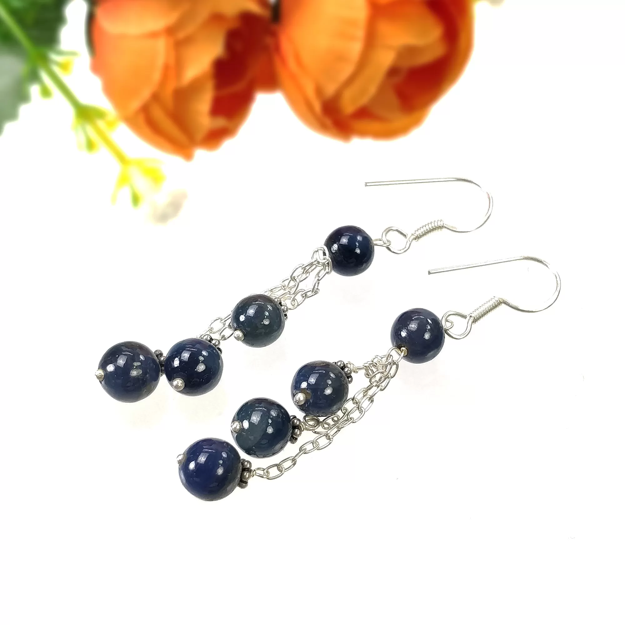 BLUE SAPPHIRE 925 Sterling Silver Earrings : 8.390gms Natural Triple Drop Dangle Round Beaded Hook Earrings 2.50" Gift For Her