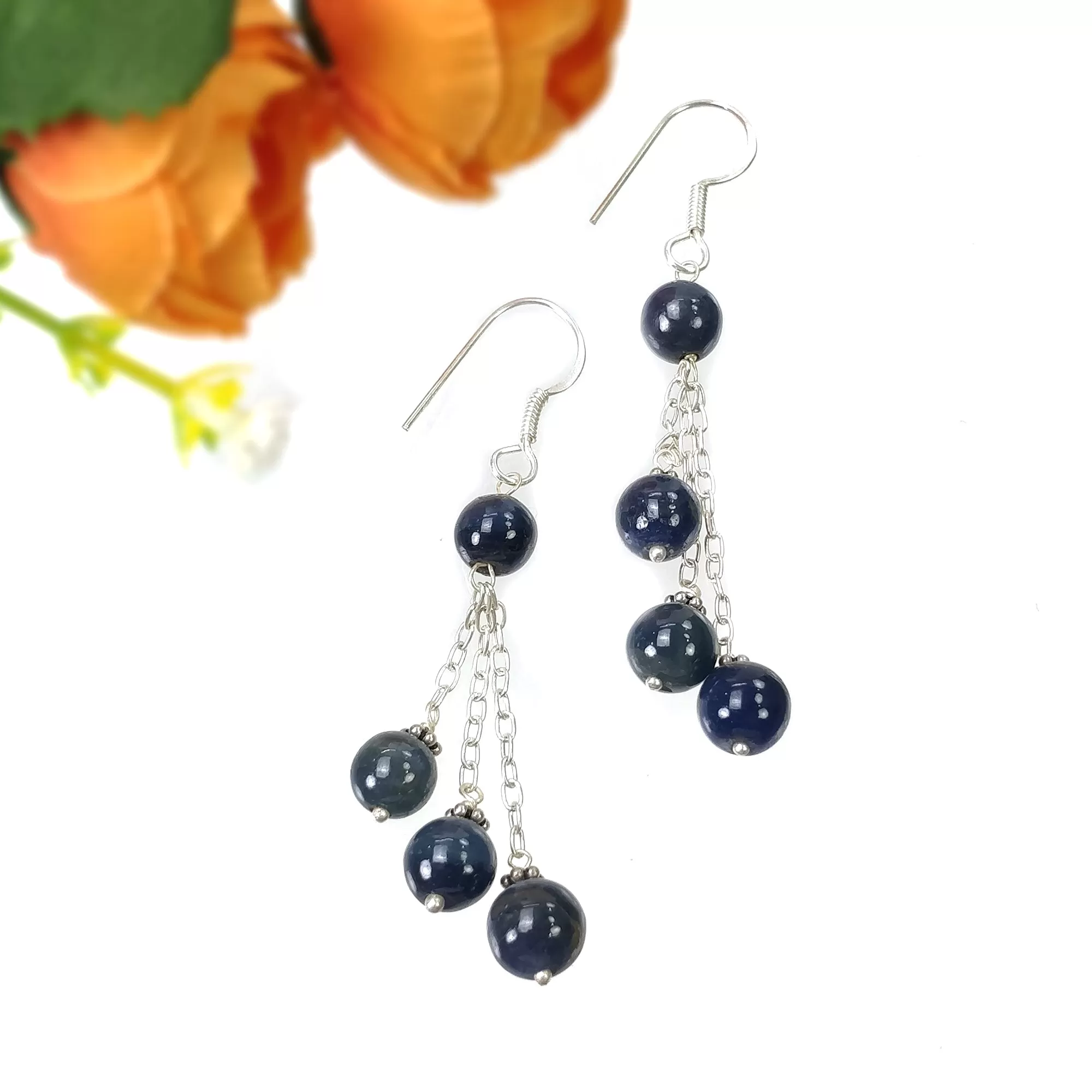 BLUE SAPPHIRE 925 Sterling Silver Earrings : 8.390gms Natural Triple Drop Dangle Round Beaded Hook Earrings 2.50" Gift For Her