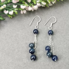 BLUE SAPPHIRE 925 Sterling Silver Earrings : 8.390gms Natural Triple Drop Dangle Round Beaded Hook Earrings 2.50" Gift For Her