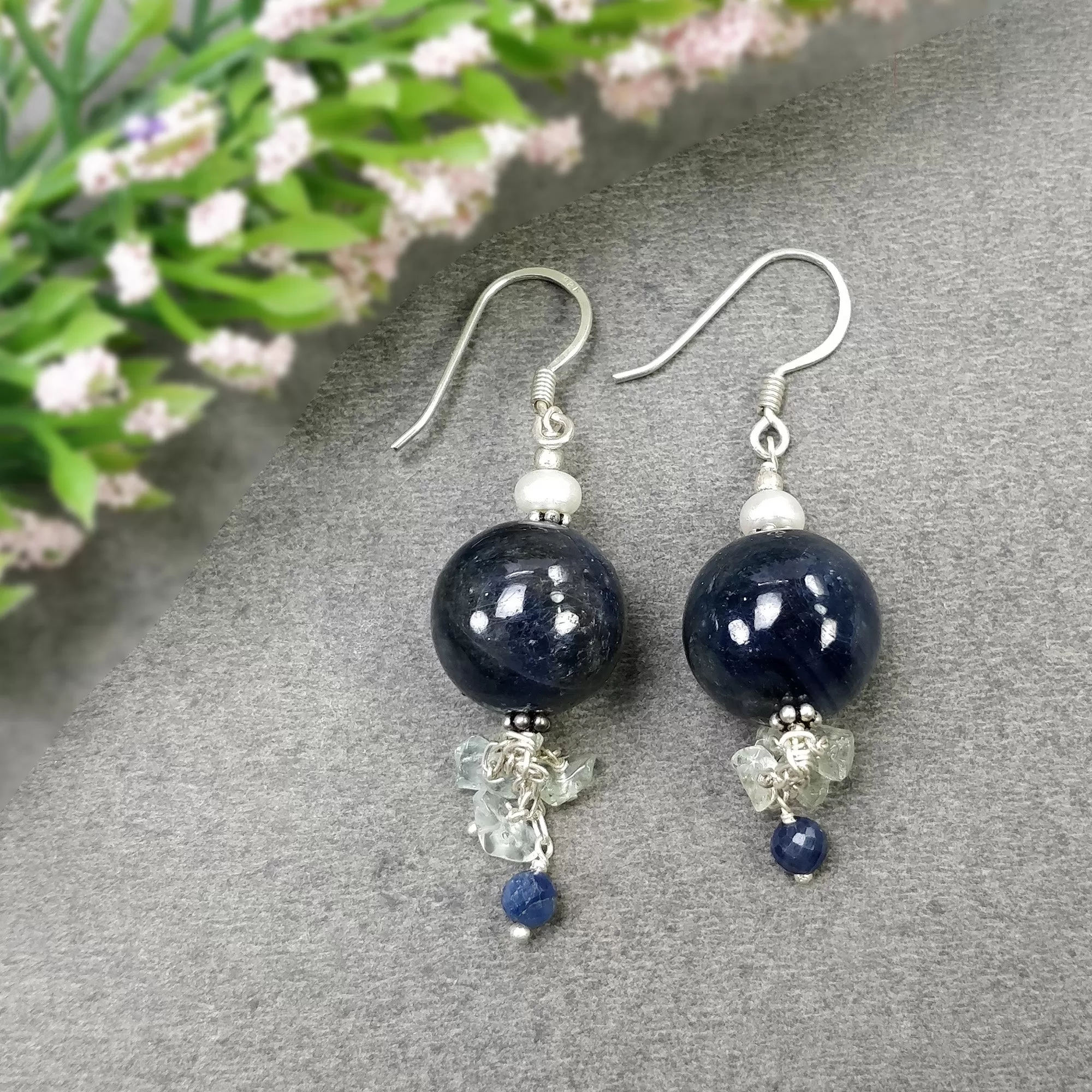 Blue SAPPHIRE And EMERALD Uncut Gemstone Beaded Earrings : 15.29gms Natural 925 Sterling Silver Drop Dangle Hook Earrings 2"