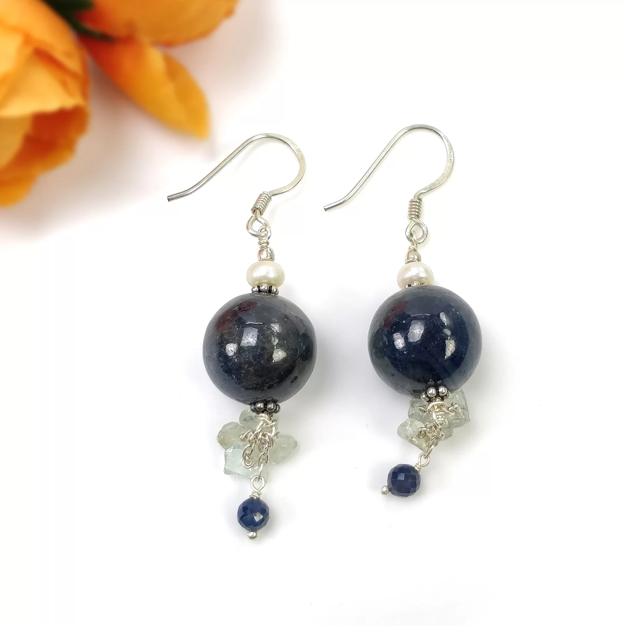 Blue SAPPHIRE And EMERALD Uncut Gemstone Beaded Earrings : 15.29gms Natural 925 Sterling Silver Drop Dangle Hook Earrings 2"