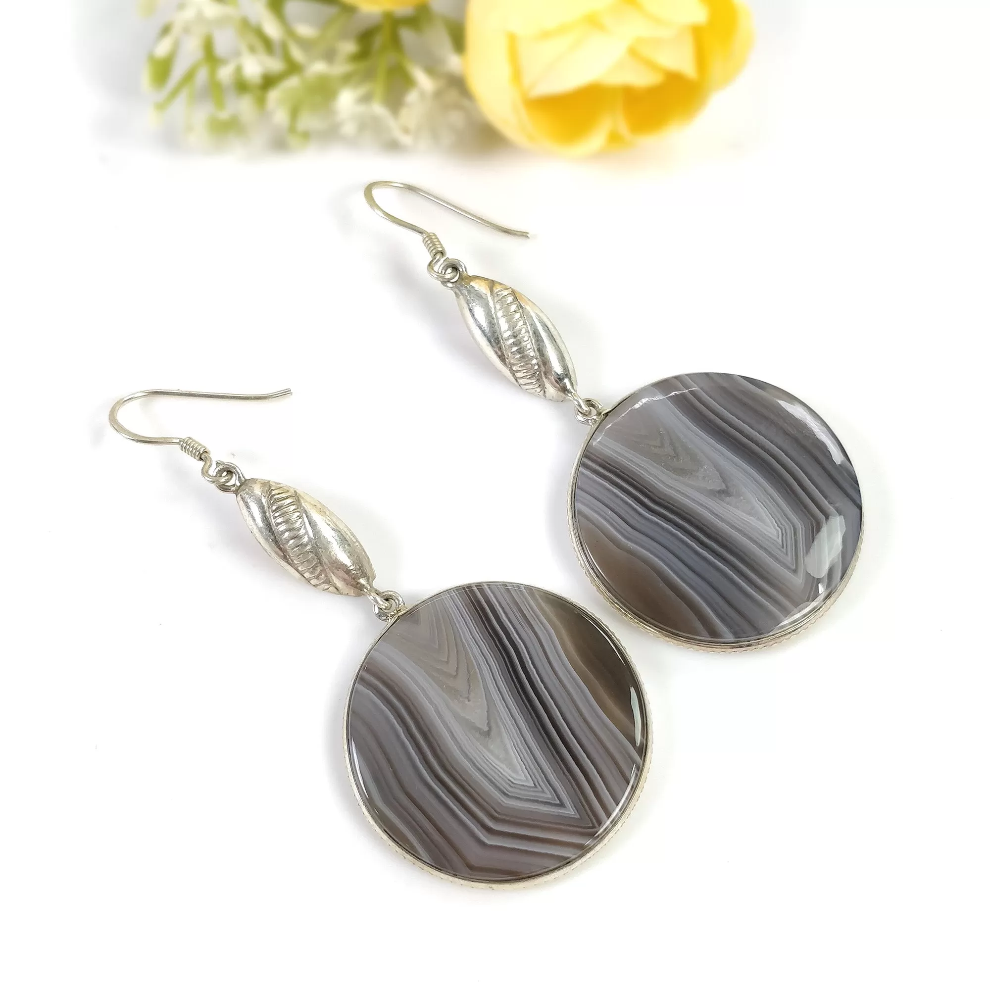 BOTSWANA AGATE Gemstone Earrings : 18.94gms Natural 925 Sterling Silver Bi-Color Round Bezel Set Drop Dangle Hook Earring 2.5"