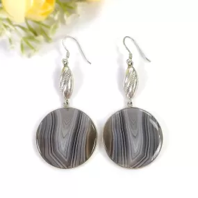 BOTSWANA AGATE Gemstone Earrings : 18.94gms Natural 925 Sterling Silver Bi-Color Round Bezel Set Drop Dangle Hook Earring 2.5"