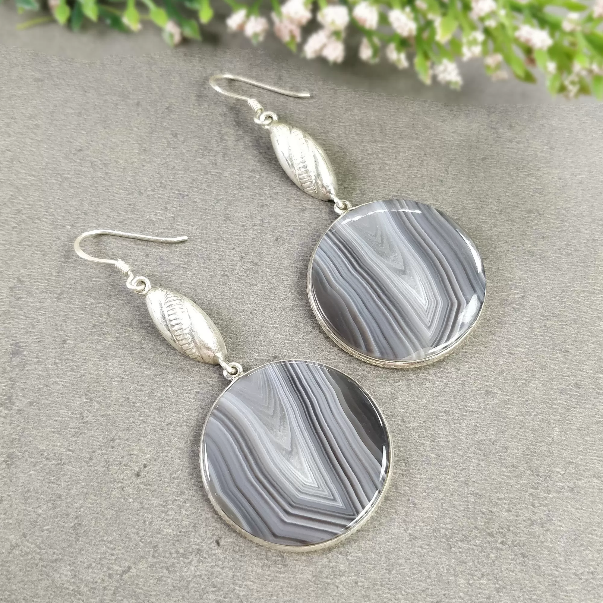 BOTSWANA AGATE Gemstone Earrings : 18.94gms Natural 925 Sterling Silver Bi-Color Round Bezel Set Drop Dangle Hook Earring 2.5"