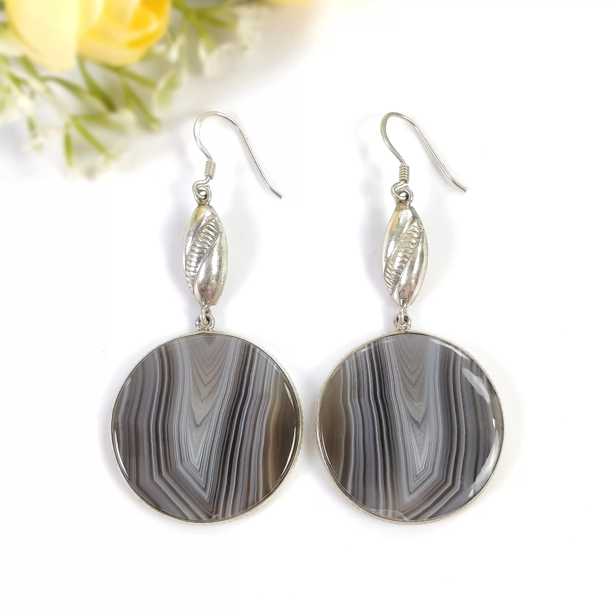 BOTSWANA AGATE Gemstone Earrings : 18.94gms Natural 925 Sterling Silver Bi-Color Round Bezel Set Drop Dangle Hook Earring 2.5"