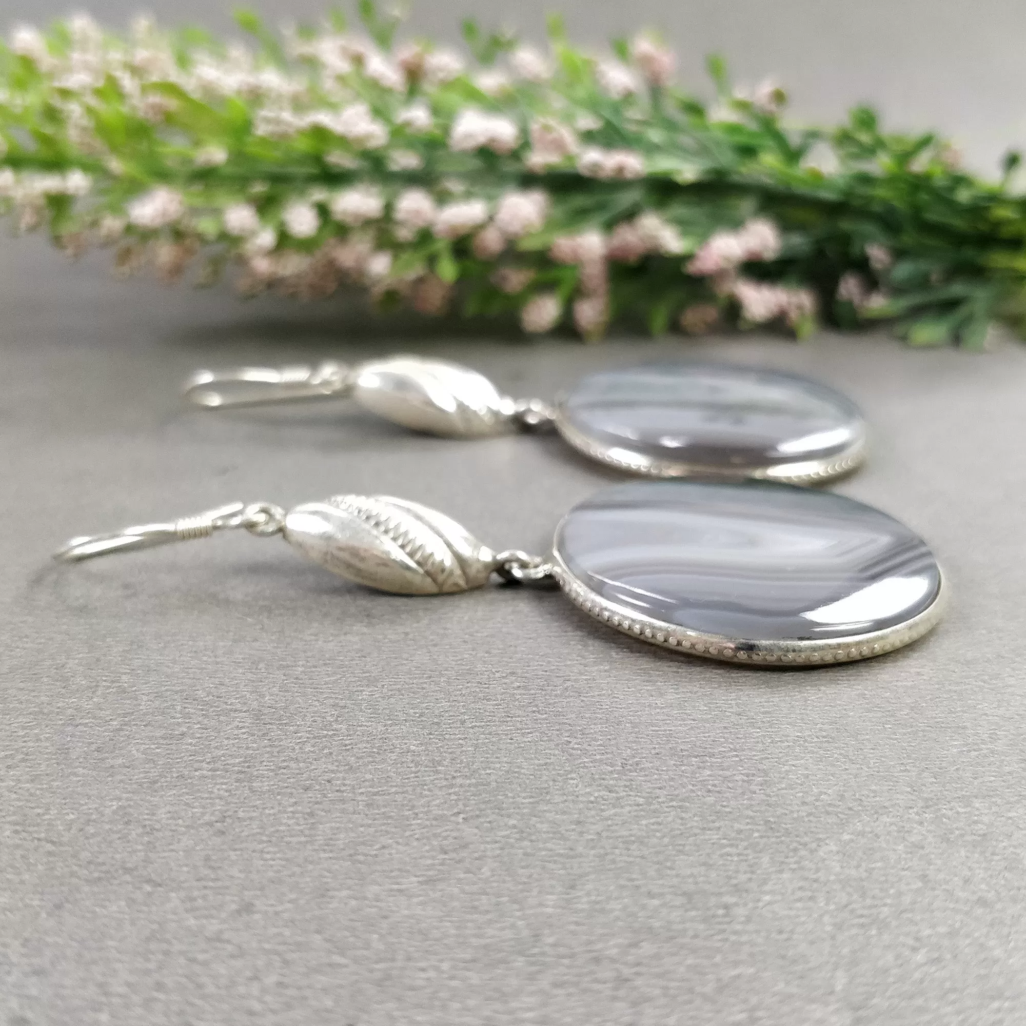 BOTSWANA AGATE Gemstone Earrings : 18.94gms Natural 925 Sterling Silver Bi-Color Round Bezel Set Drop Dangle Hook Earring 2.5"