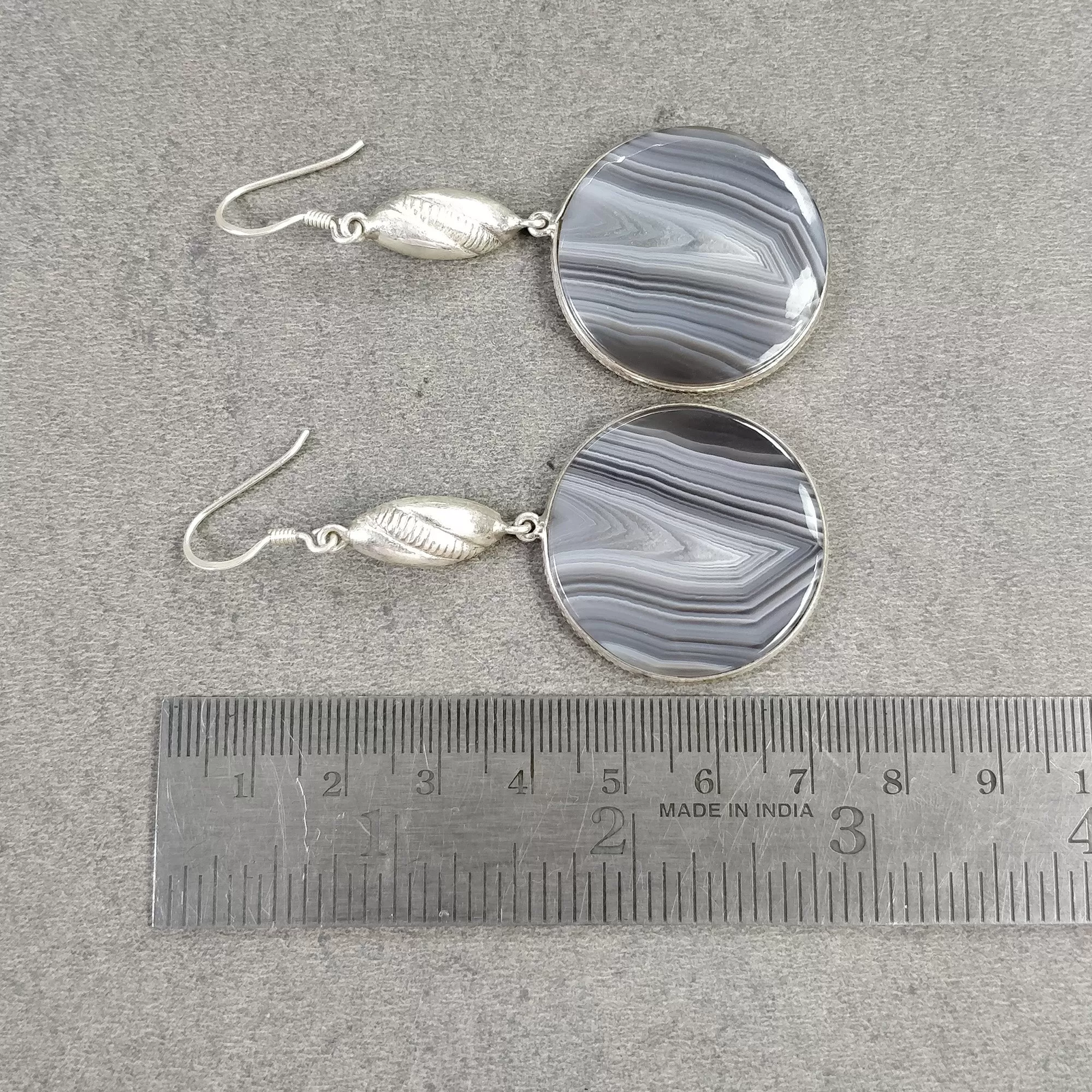 BOTSWANA AGATE Gemstone Earrings : 18.94gms Natural 925 Sterling Silver Bi-Color Round Bezel Set Drop Dangle Hook Earring 2.5"