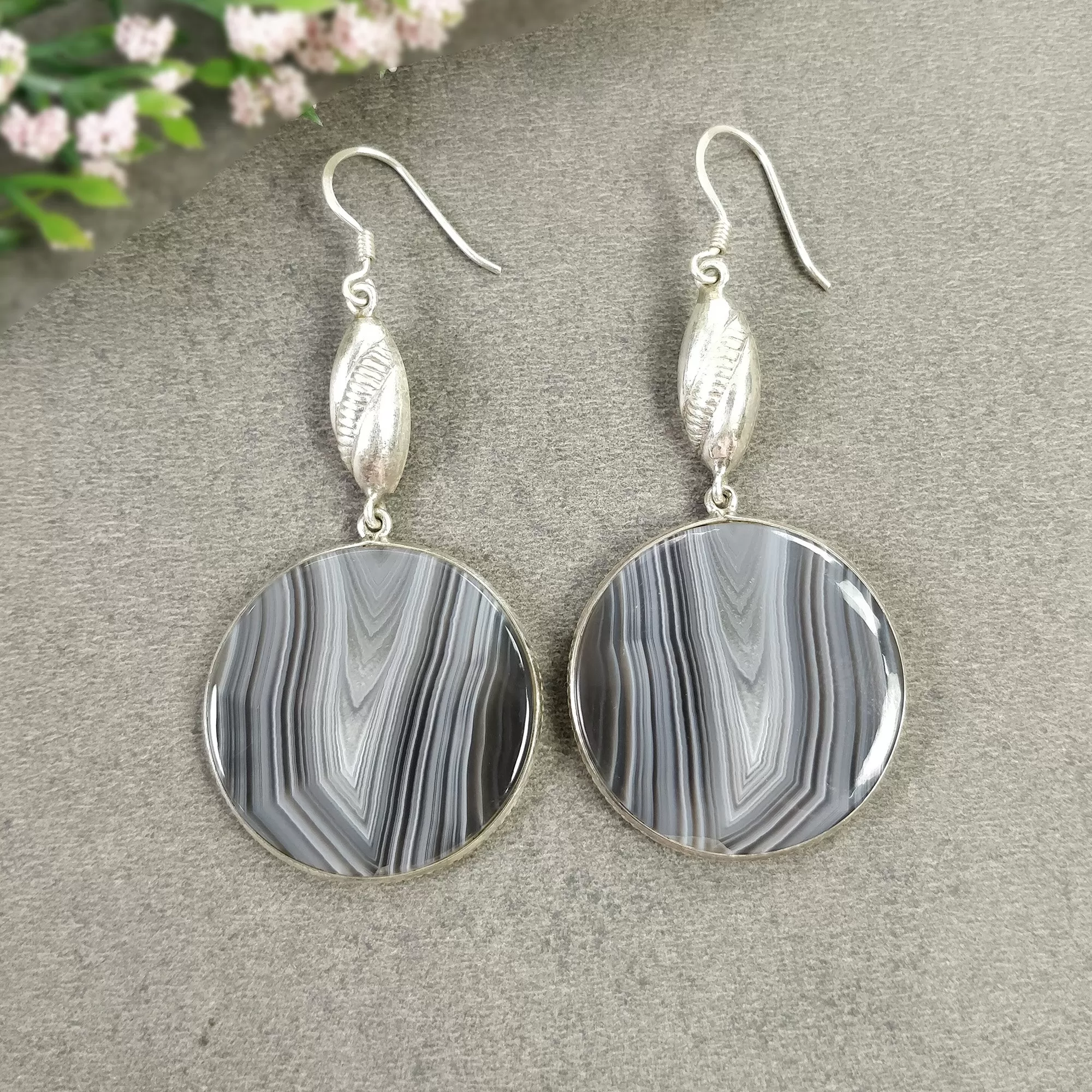 BOTSWANA AGATE Gemstone Earrings : 18.94gms Natural 925 Sterling Silver Bi-Color Round Bezel Set Drop Dangle Hook Earring 2.5"