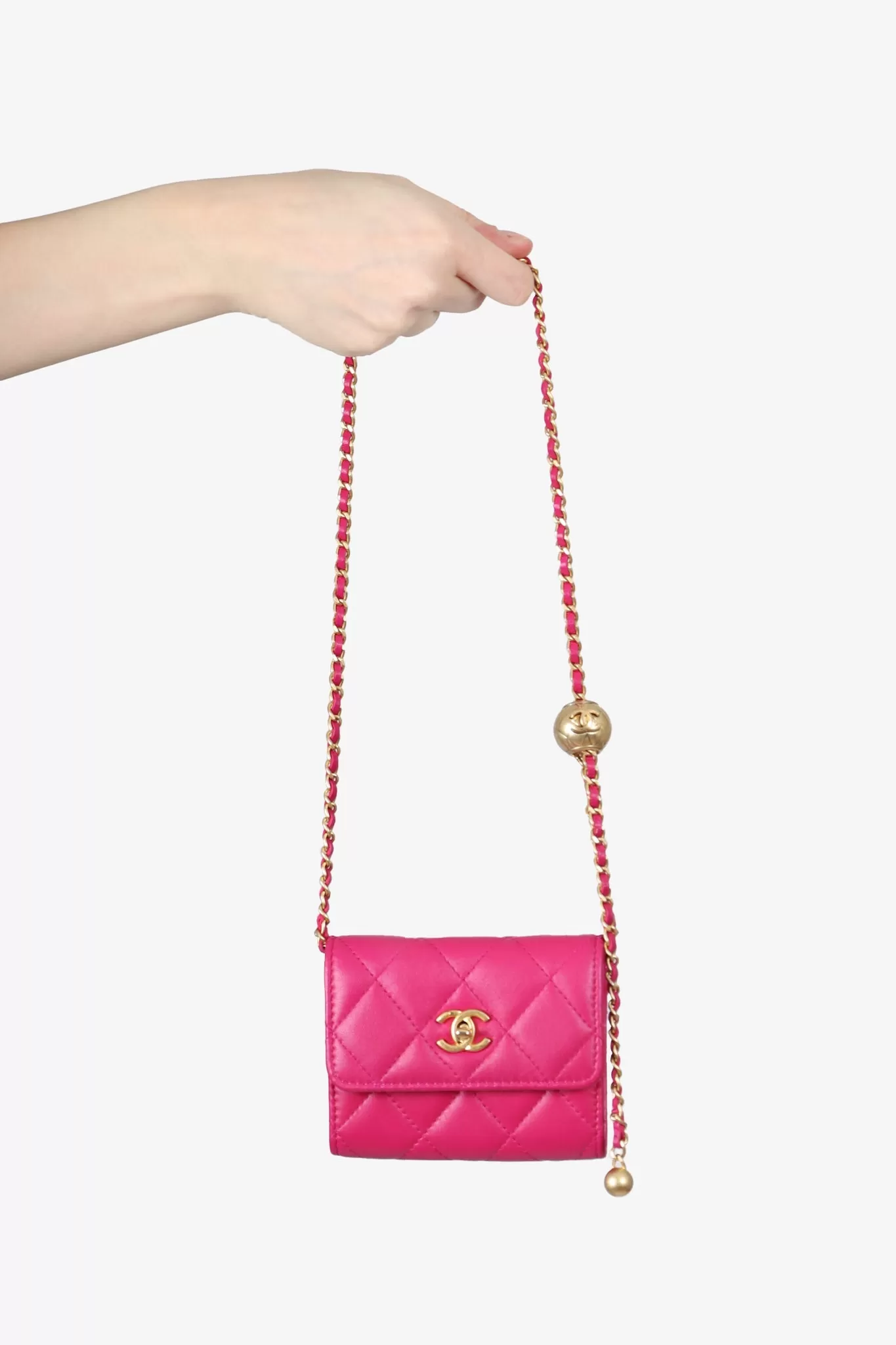 Chanel Pink Quilted Leather Pearl Crush Mini Wallet with Chain