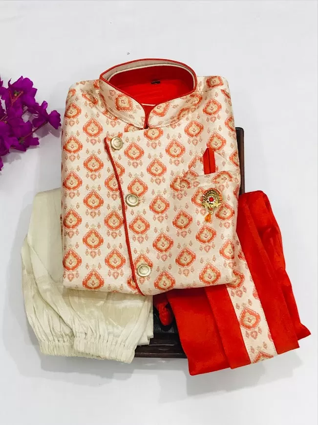 Charming Orange Color Kids Embroidered Kurta with Pajama Pant With Dhoti Pant