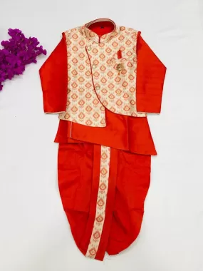 Charming Orange Color Kids Embroidered Kurta with Pajama Pant With Dhoti Pant