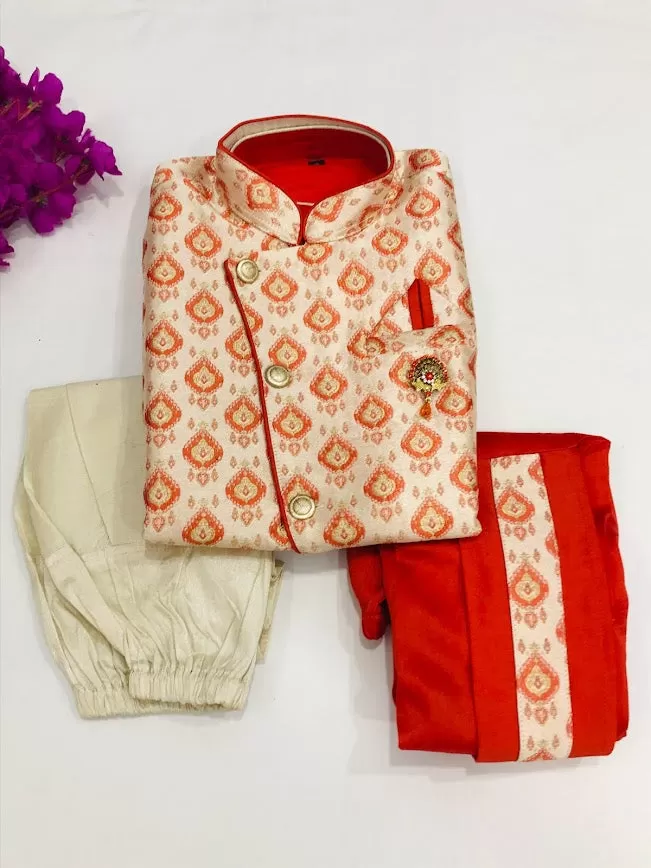 Charming Orange Color Kids Embroidered Kurta with Pajama Pant With Dhoti Pant