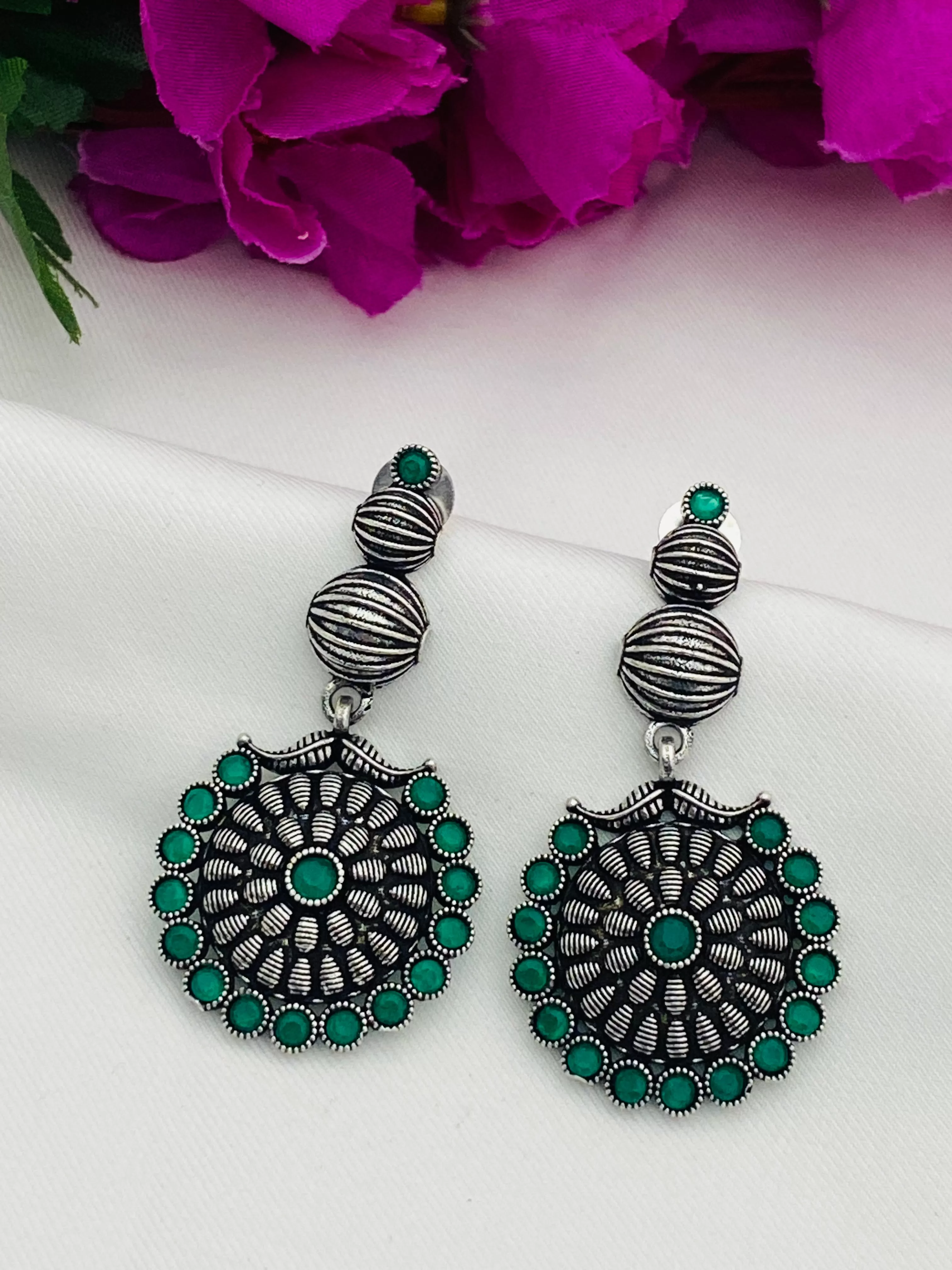 Charming Round Shaped Emerald Stone Beaded German Silver Plated Oxidized Long Earrings