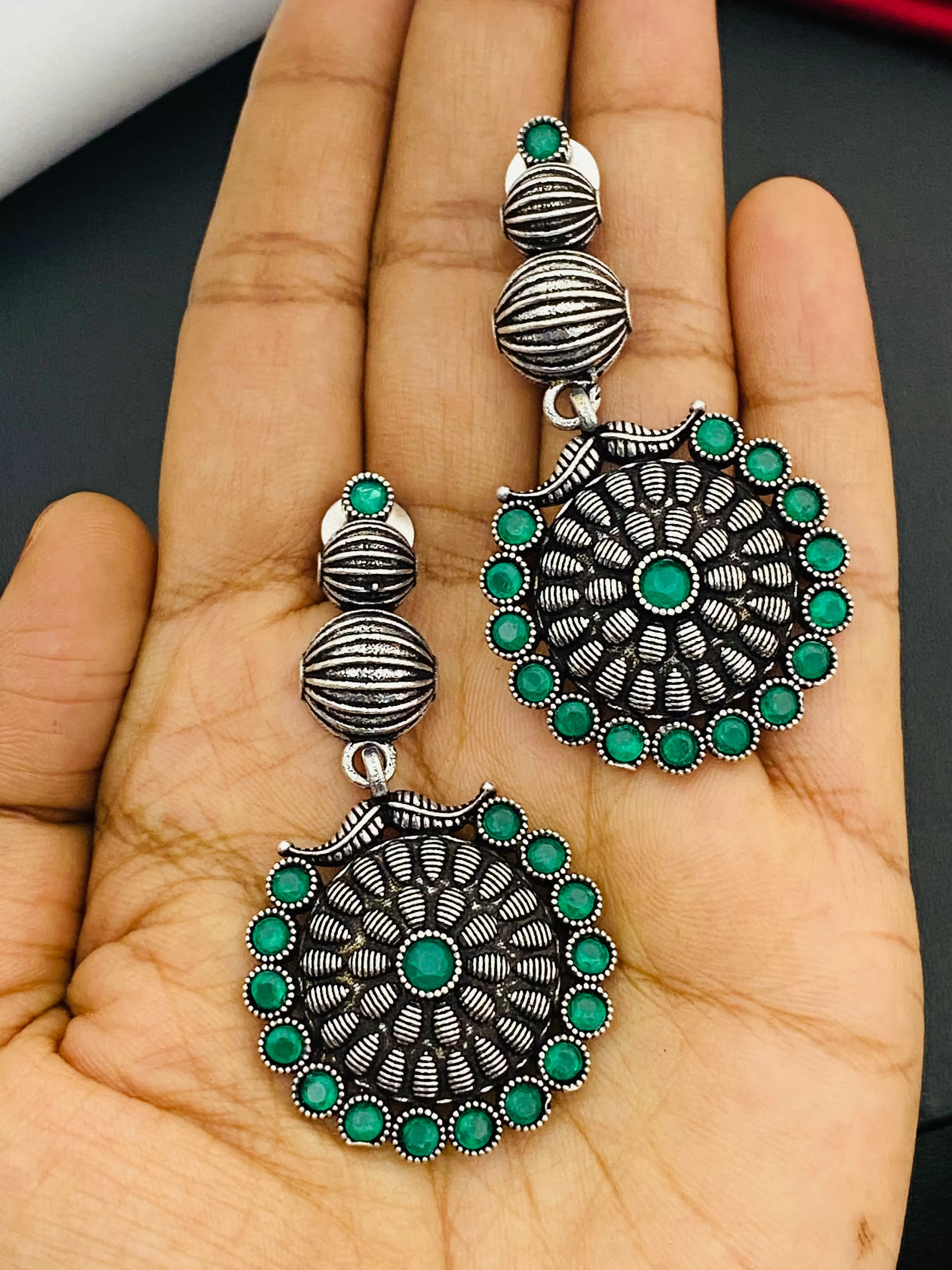 Charming Round Shaped Emerald Stone Beaded German Silver Plated Oxidized Long Earrings