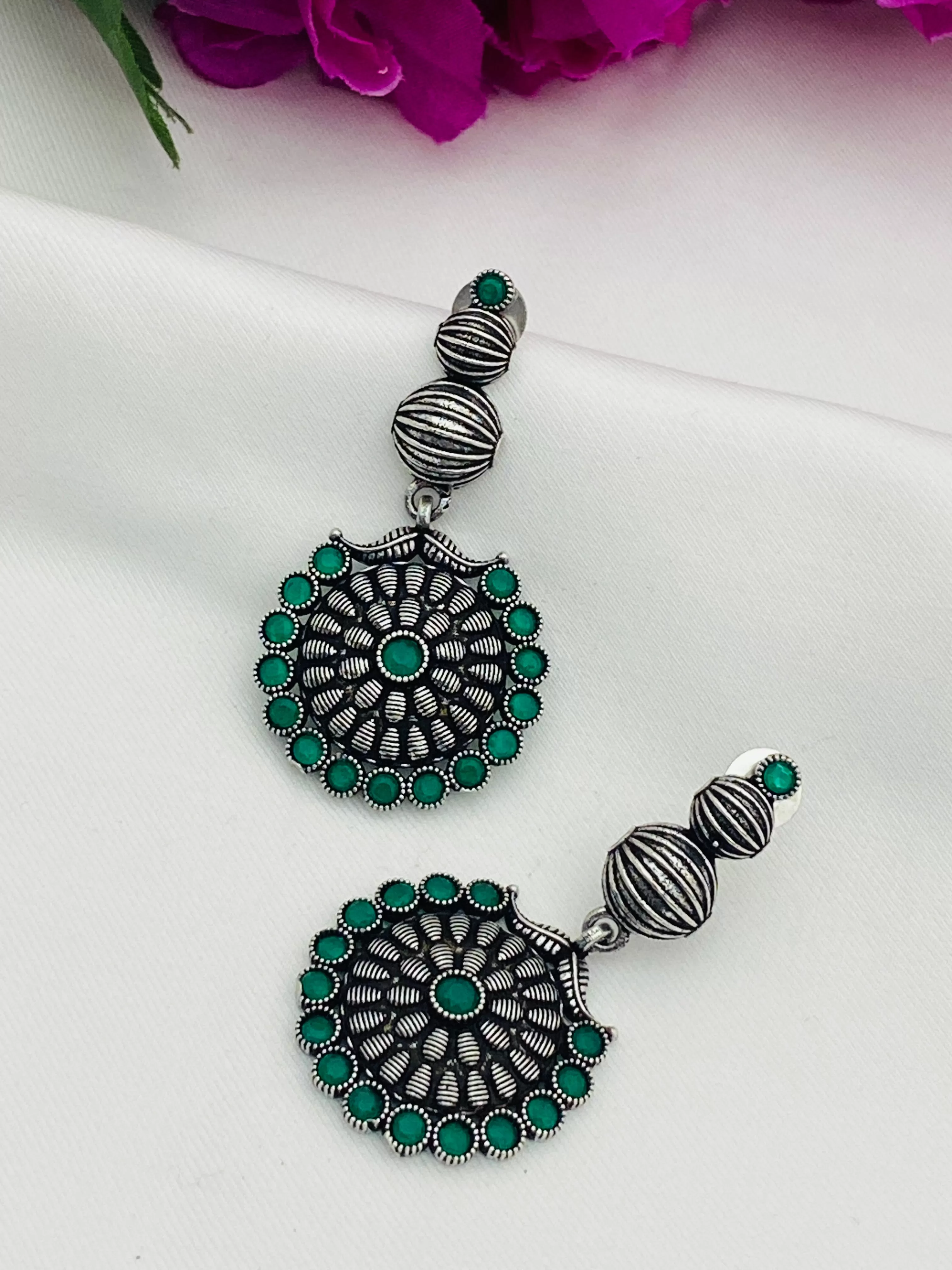 Charming Round Shaped Emerald Stone Beaded German Silver Plated Oxidized Long Earrings