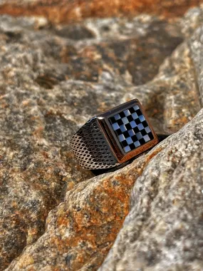 Checkered Design Enameled Square Silver Man Ring