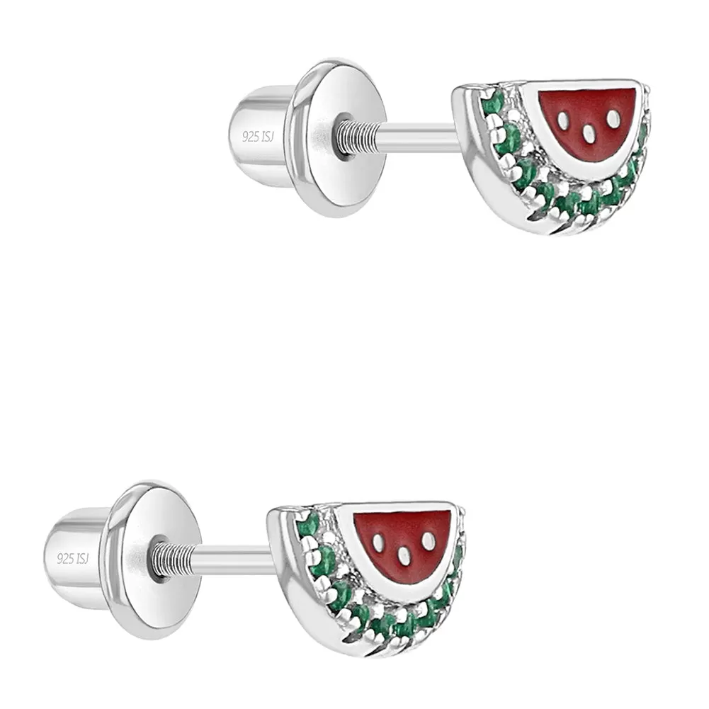 Children's Sterling Silver CZ & Enamel Watermelon Stud Earrings