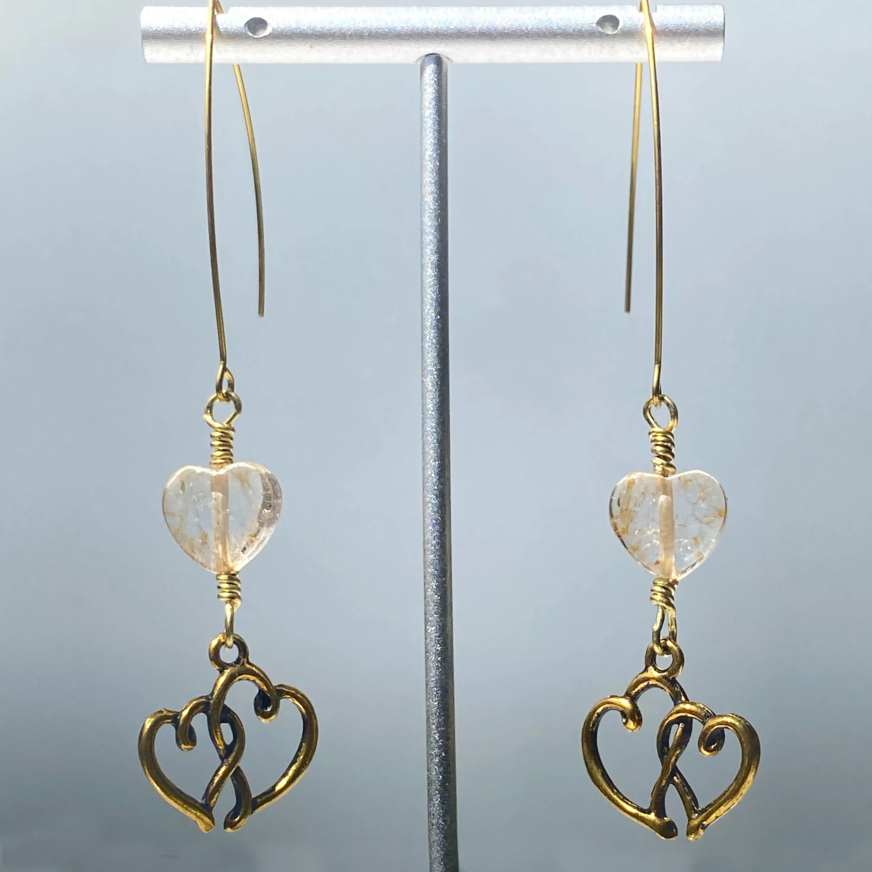 Citrine gemstone Heart and Brass Earrings